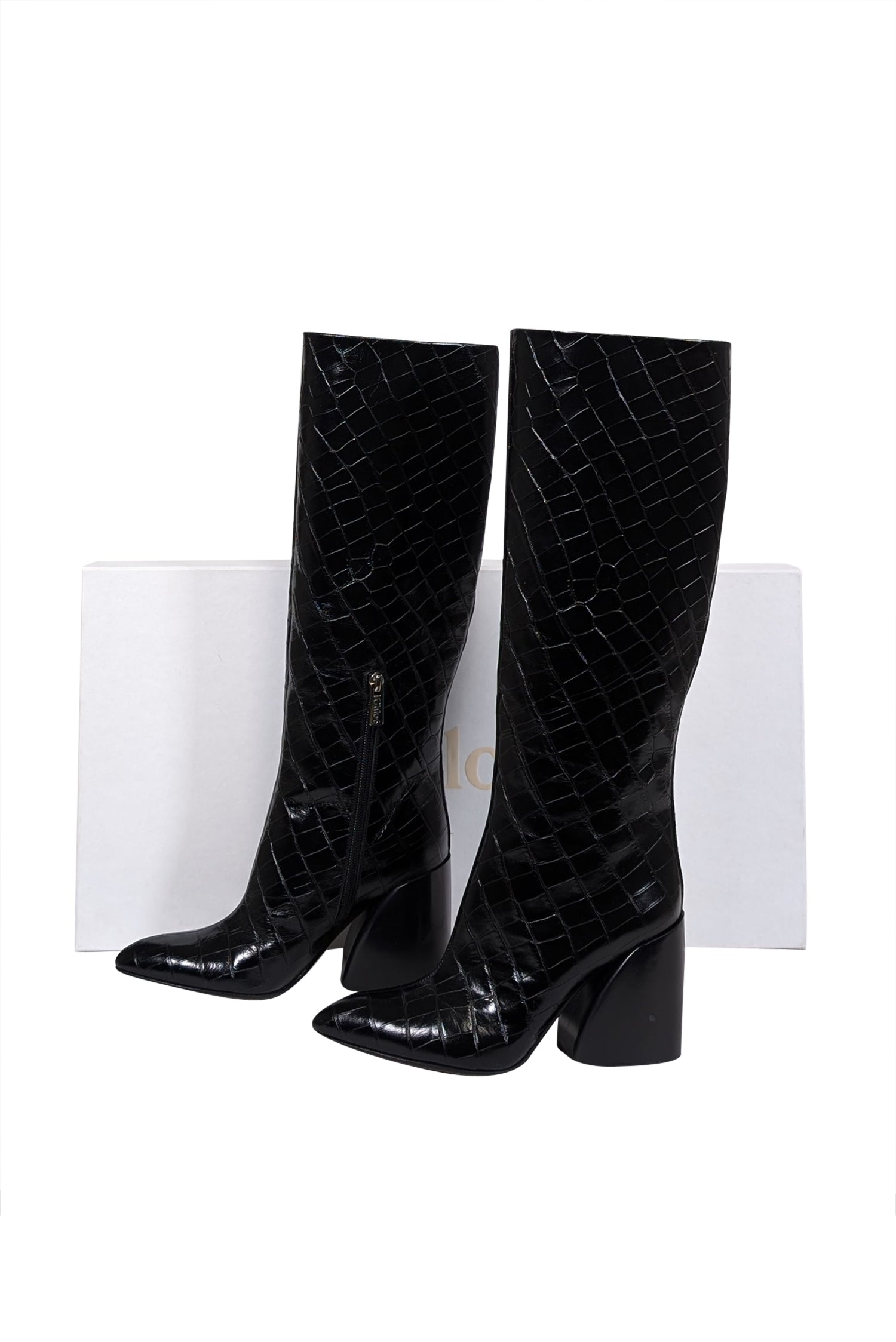 Chloe's Stunning Black Patent Croc Embossed Leather Tall Boots - Size 7.5