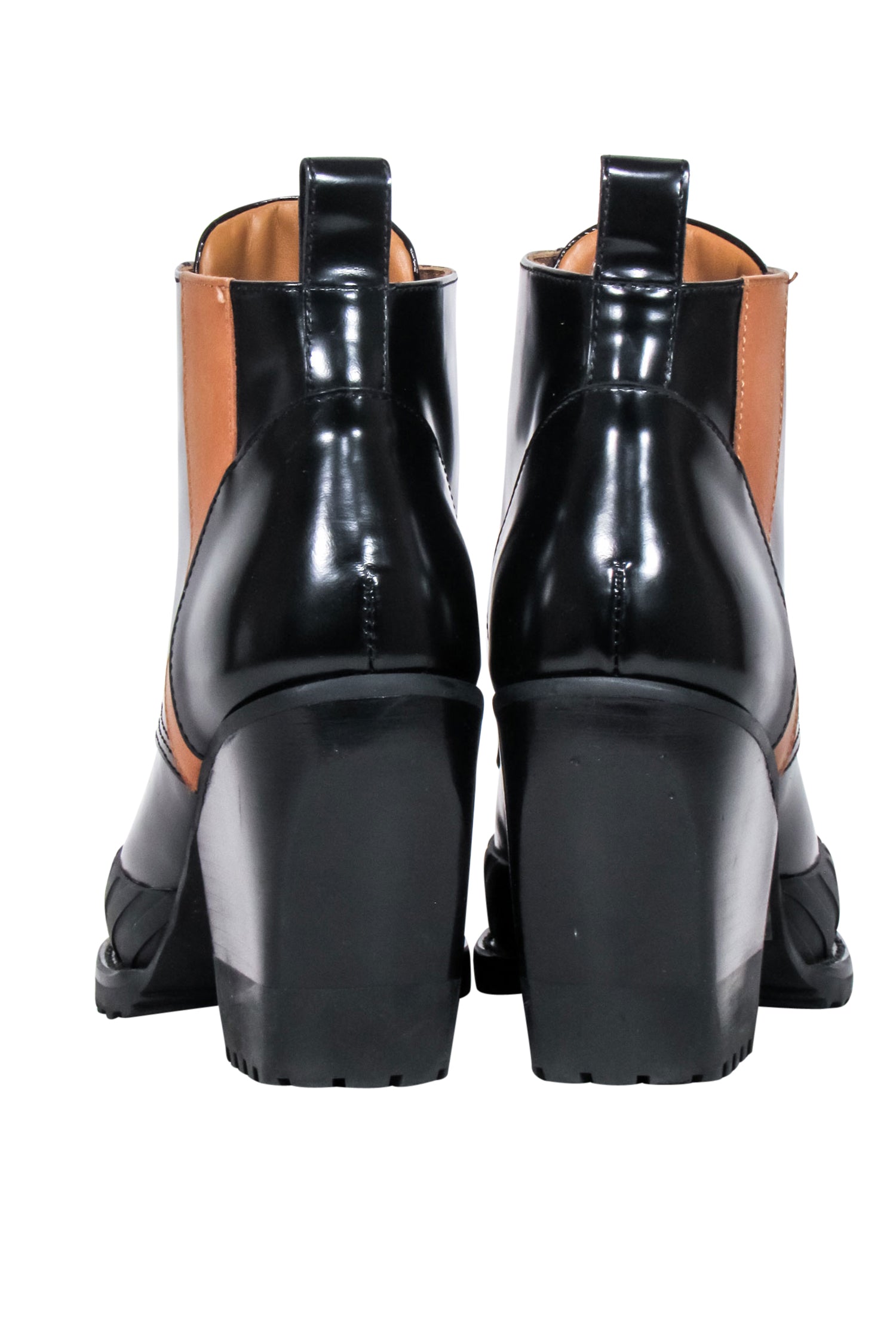 Chloe - Stunning Black & Tan Patent Leather Lace - Up Short Boots, Size 8