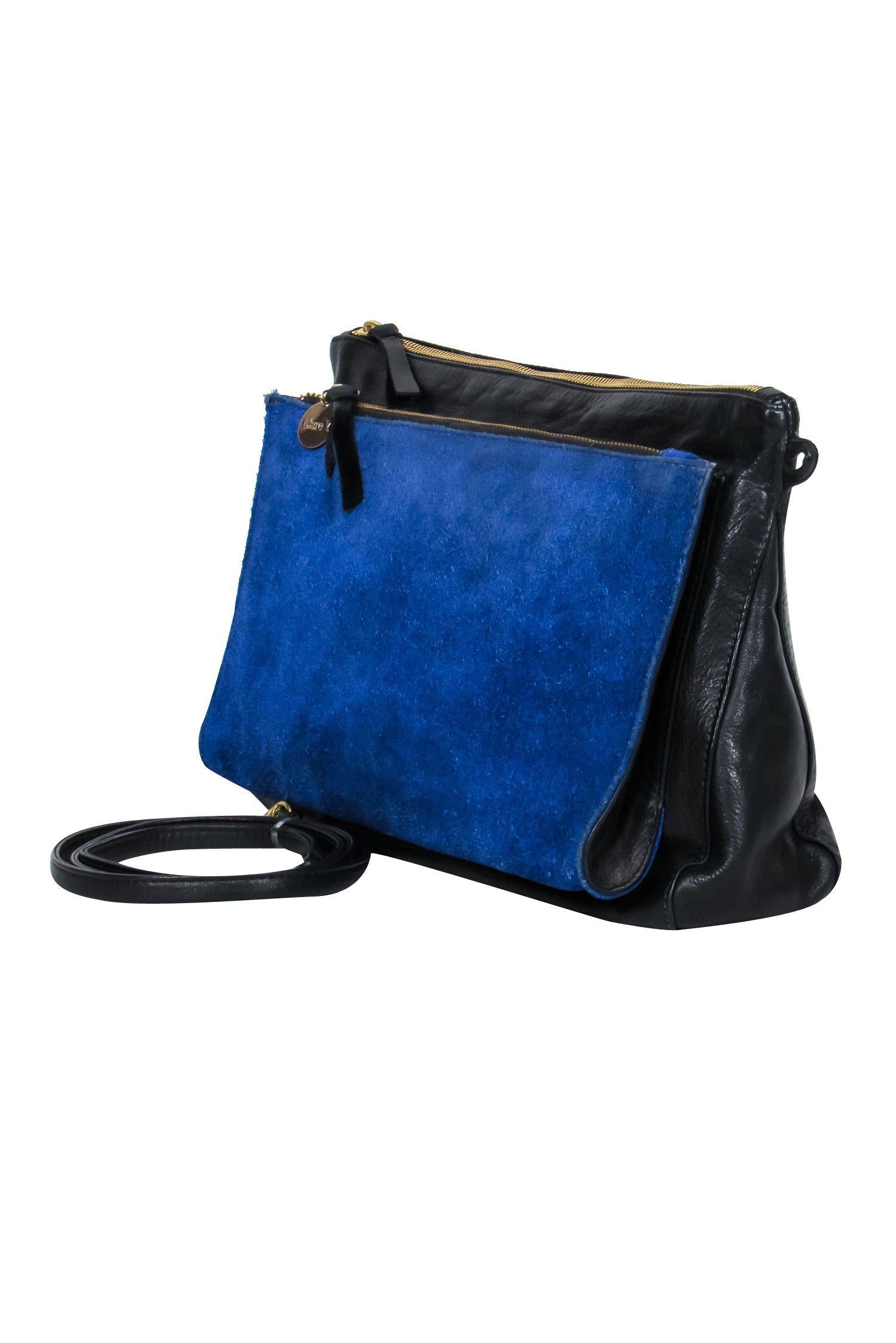 Clare V. - Stylish Black Leather Square Crossbody with Vibrant Blue Suede Pocket