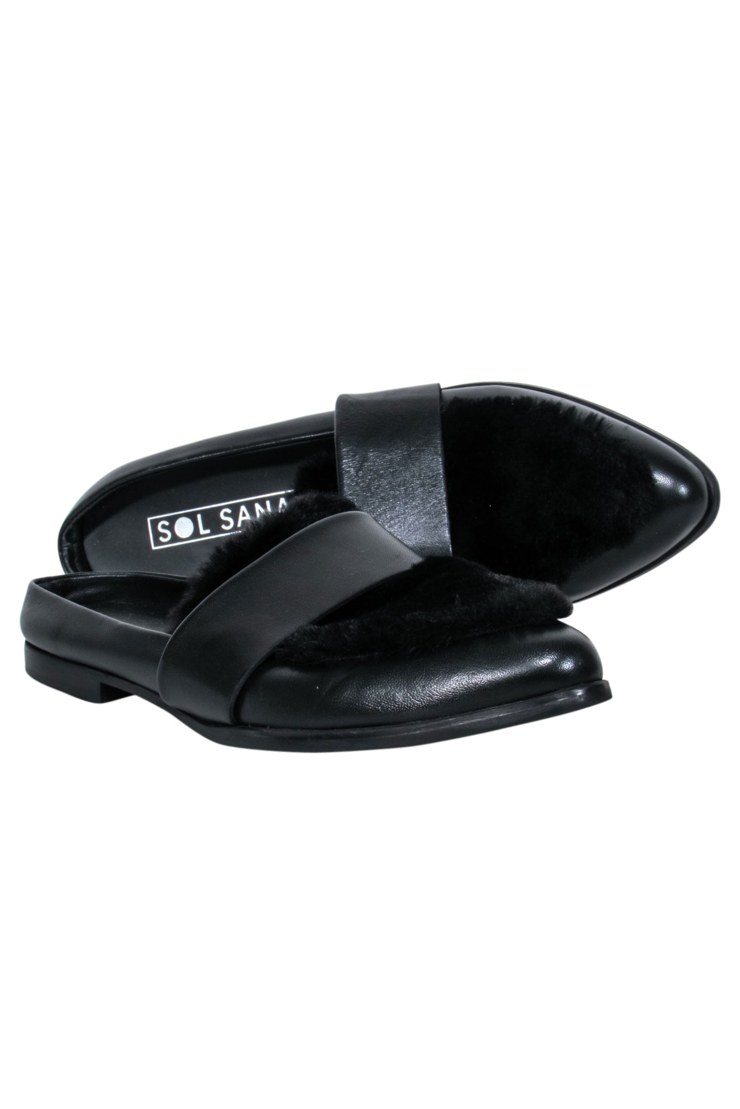Sol Sana Black Leather Faux Fur Toe Mules - Size 8