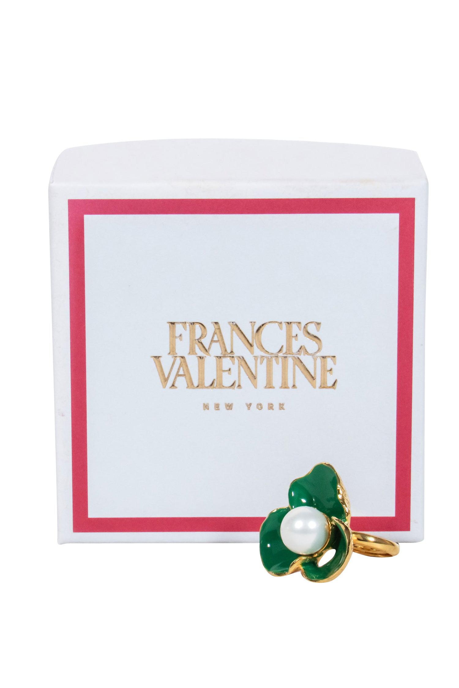 Frances Valentine's Enchanting Gold Ring with Green Flower and Pearl (Size 7)