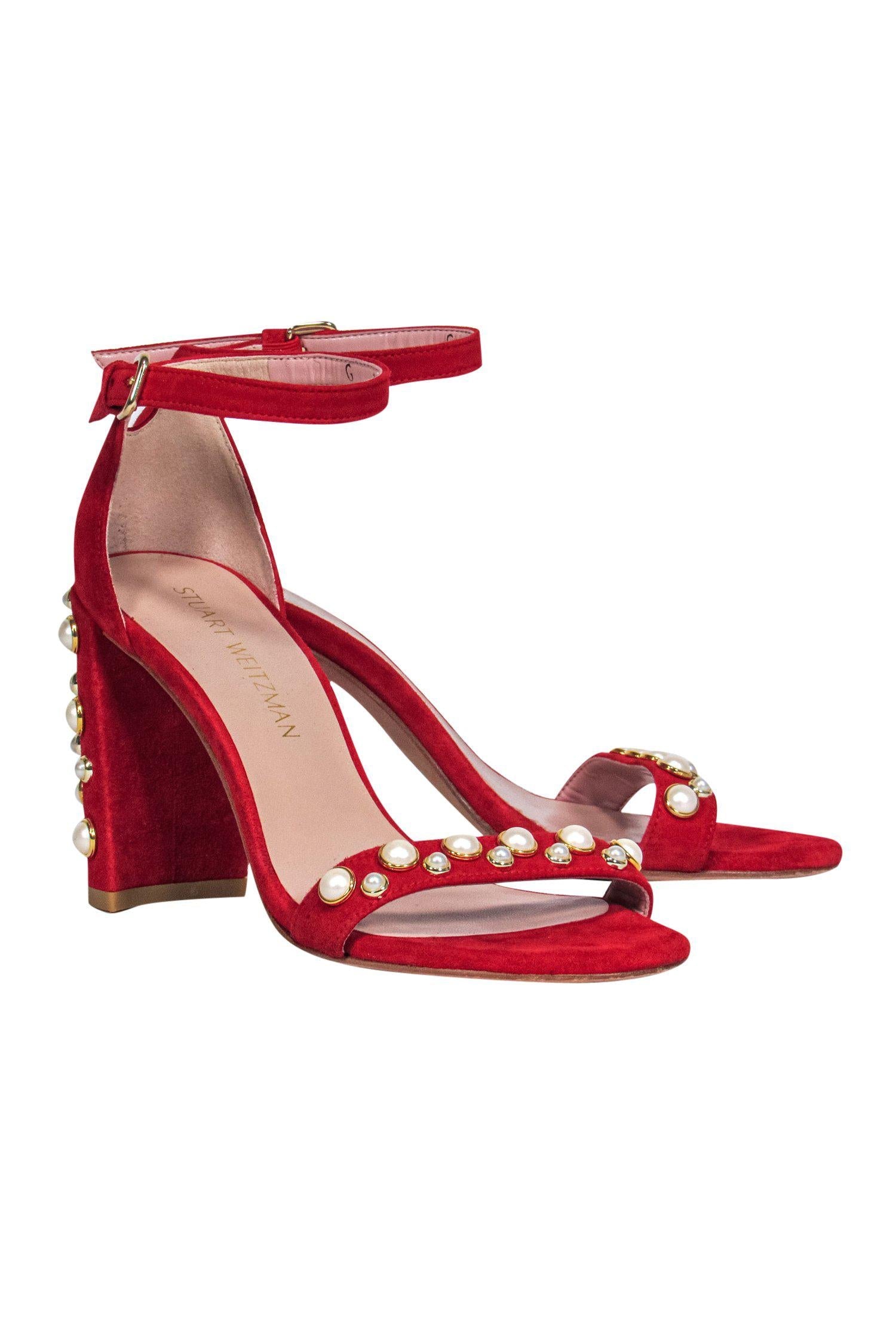 Stuart Weitzman's Glamorous Red Suede Strappy Pumps with Pearl Embellishments - Size 7.5