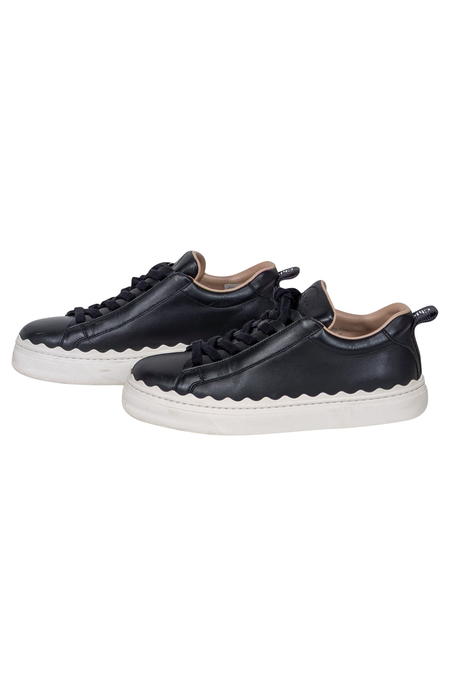 Chloe's Stunning Black Leather Sneakers with Scallop Trim - Size 7