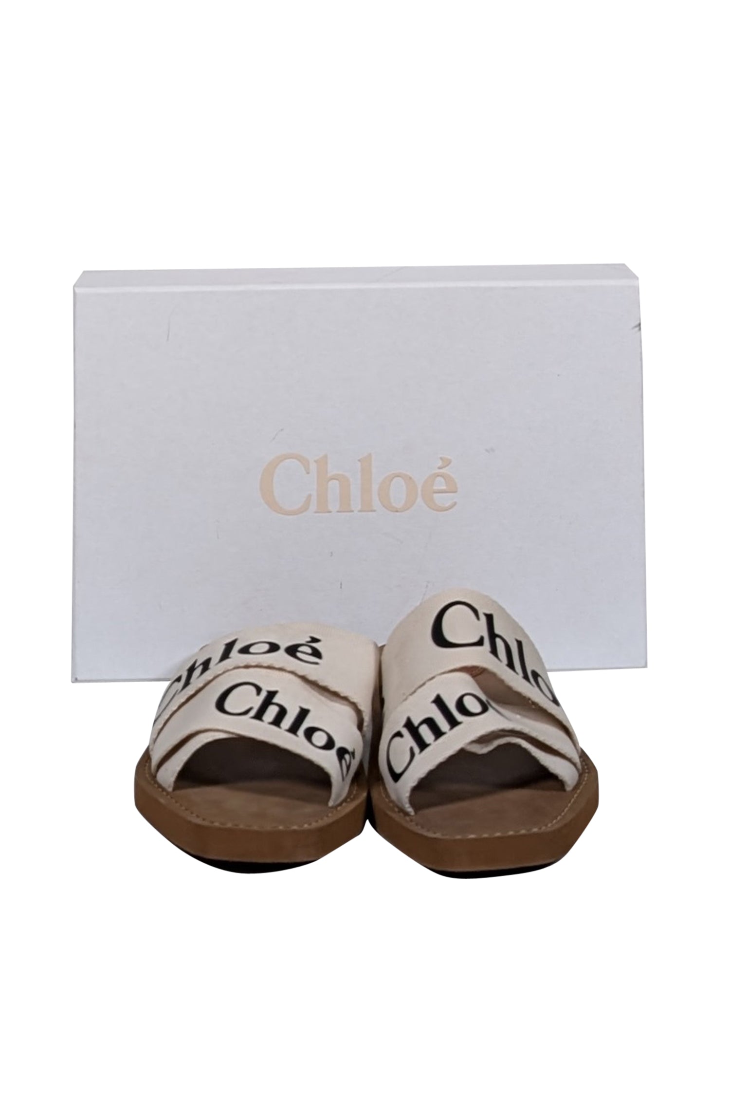 Chloe - Stylish White Woody Logo Ribbon Slide Sandals in Size 7