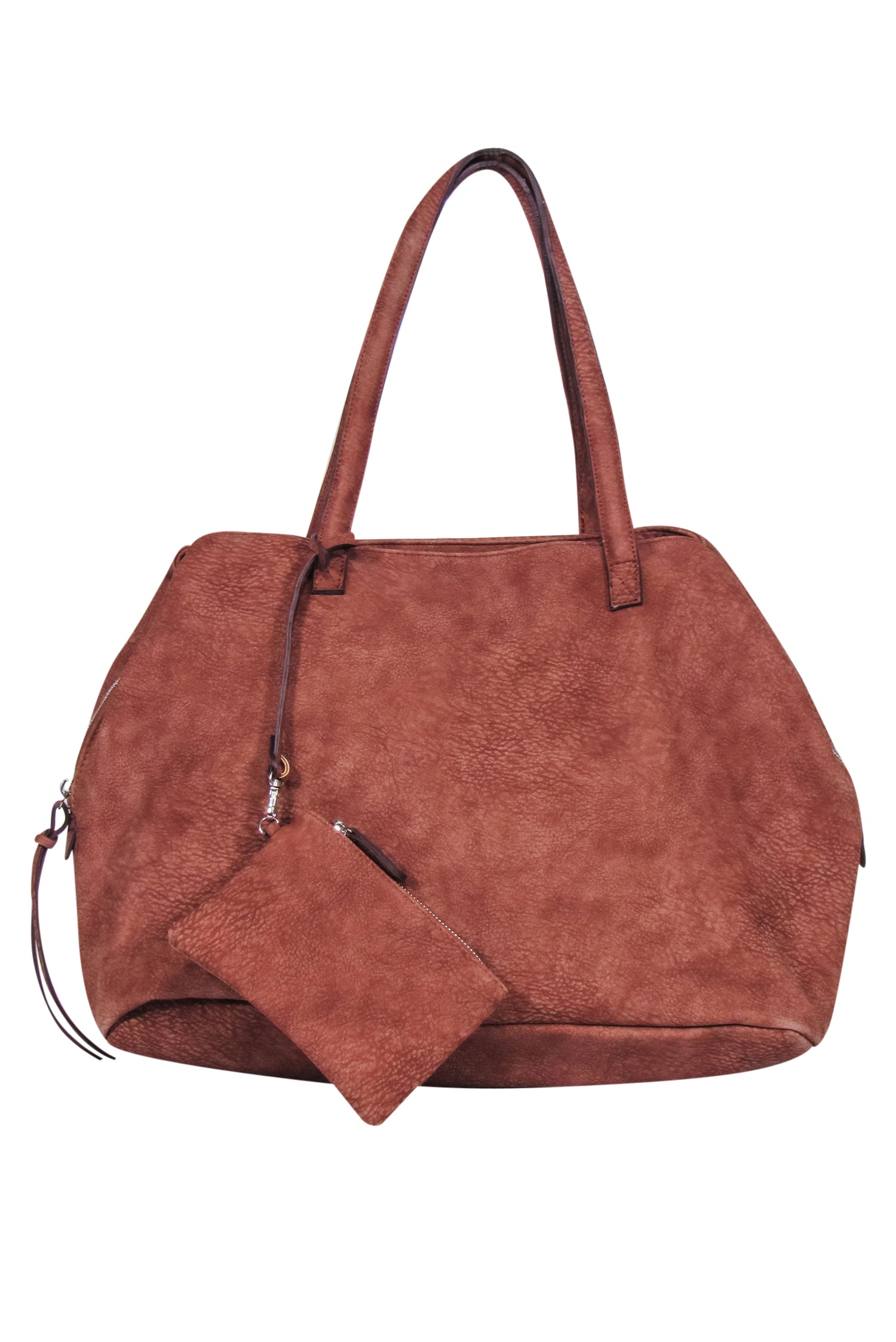 Free People Rusty Brown Faux Suede Large Tote Bag with Detachable Pouch - A Fashionable Must-Have!