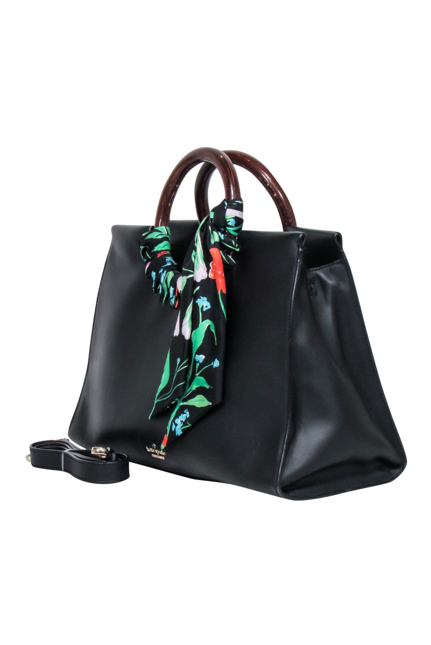 Kate Spade Black Leather Shoulder Bag with Elegant Wood Circle Handles and Charming Floral Detail