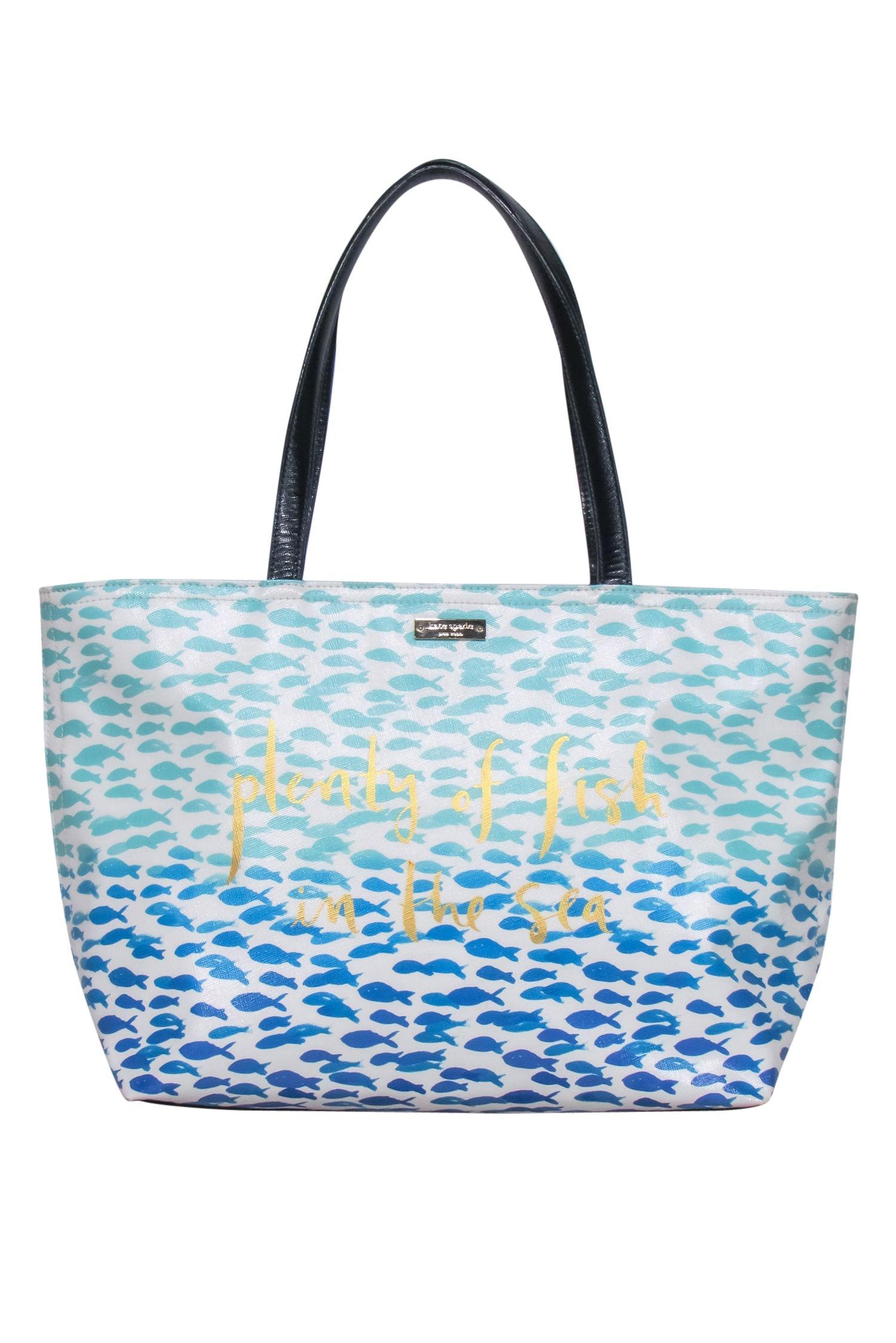 Kate Spade - Stunning White & Blue Fish Print Leather Tote with 'Plenty of Fish in the Sea' Text