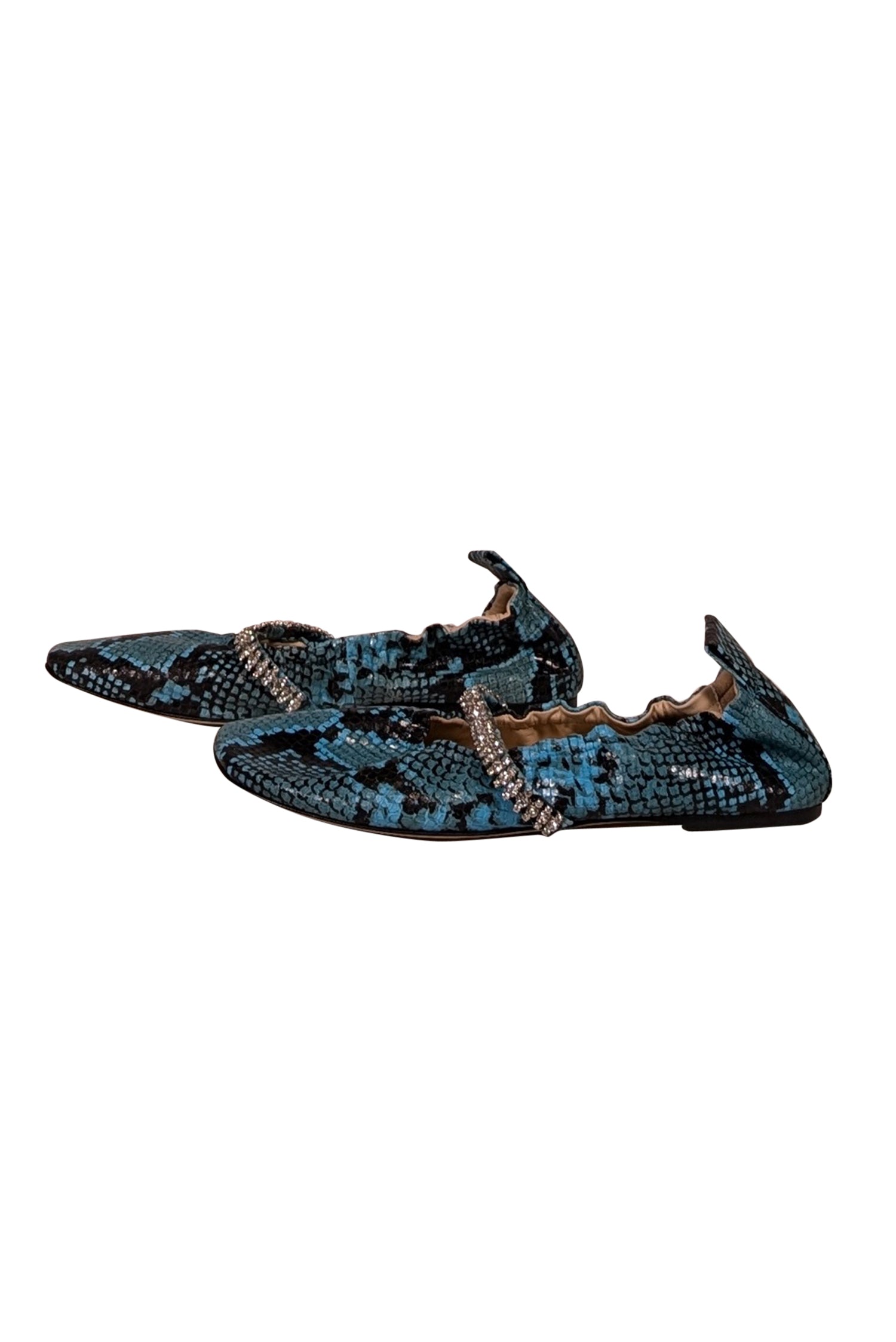 Beautisoles - Stunning Aqua Blue & Black Snakeskin Embossed Leather Flats in Size 9