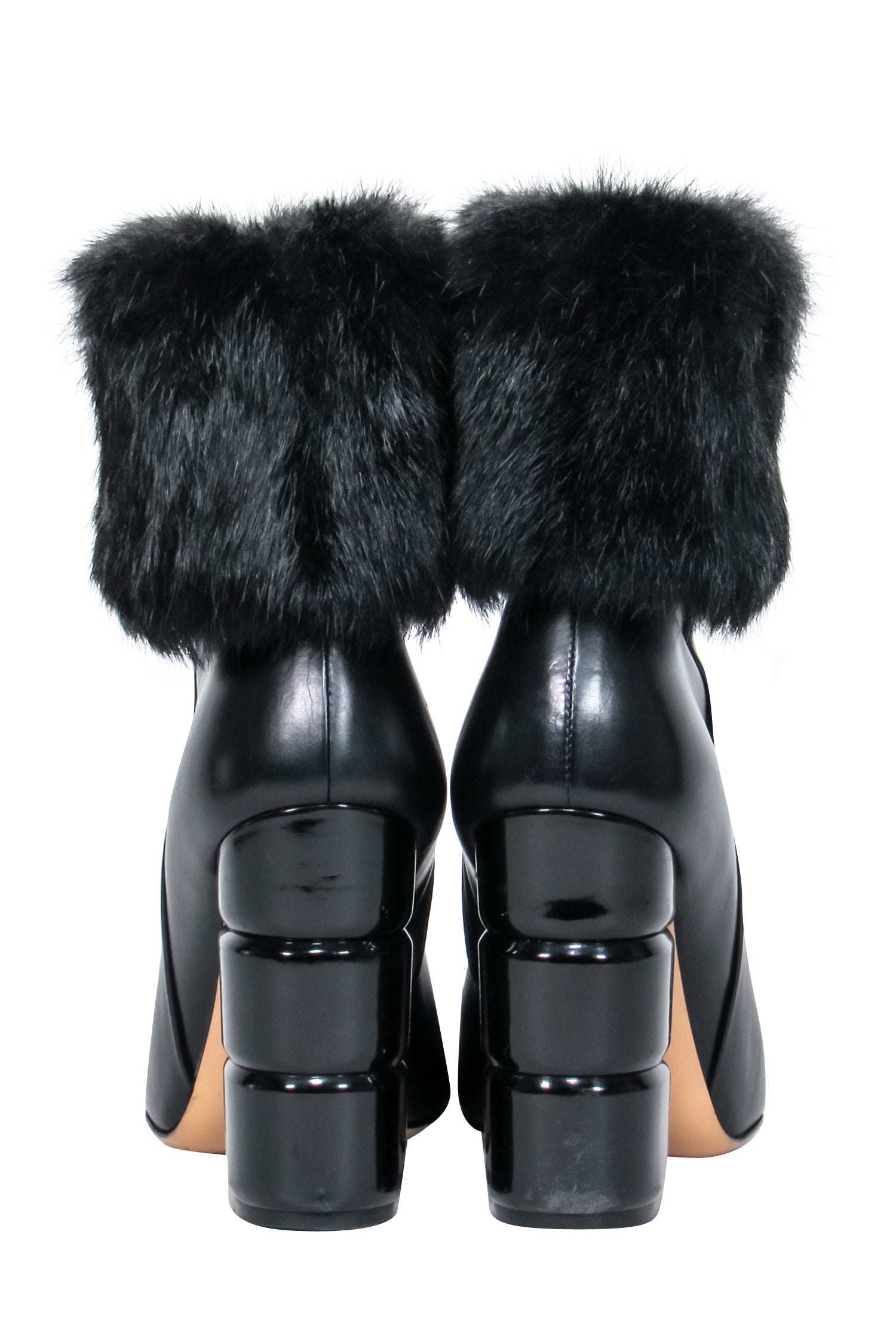 Ferragamo Black Leather Ankle Booties with Luxurious Fox Fur - Size 7