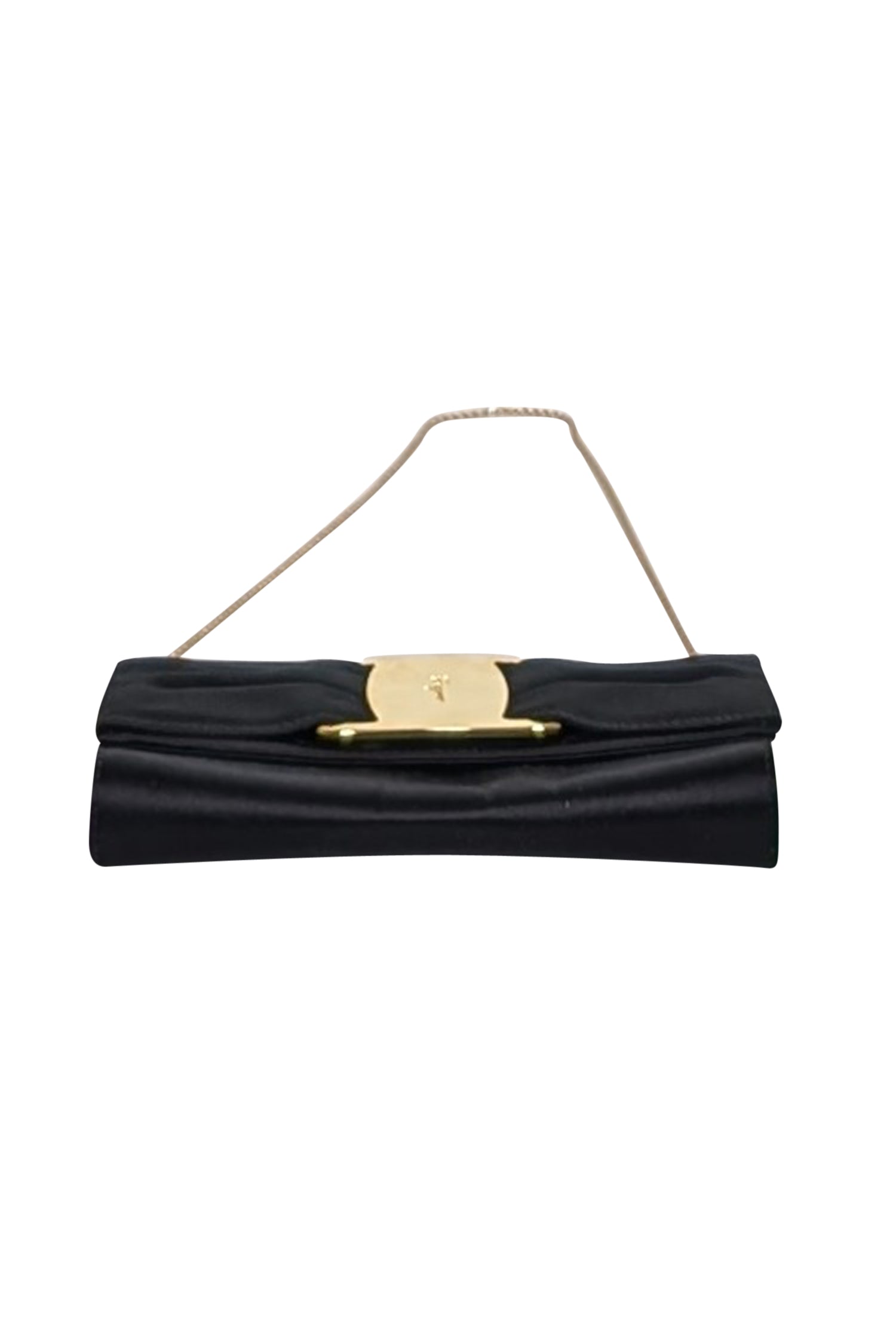 Ferragamo's Chic Black Satin Bow Front Clutch with Thin Gold Chain Strap