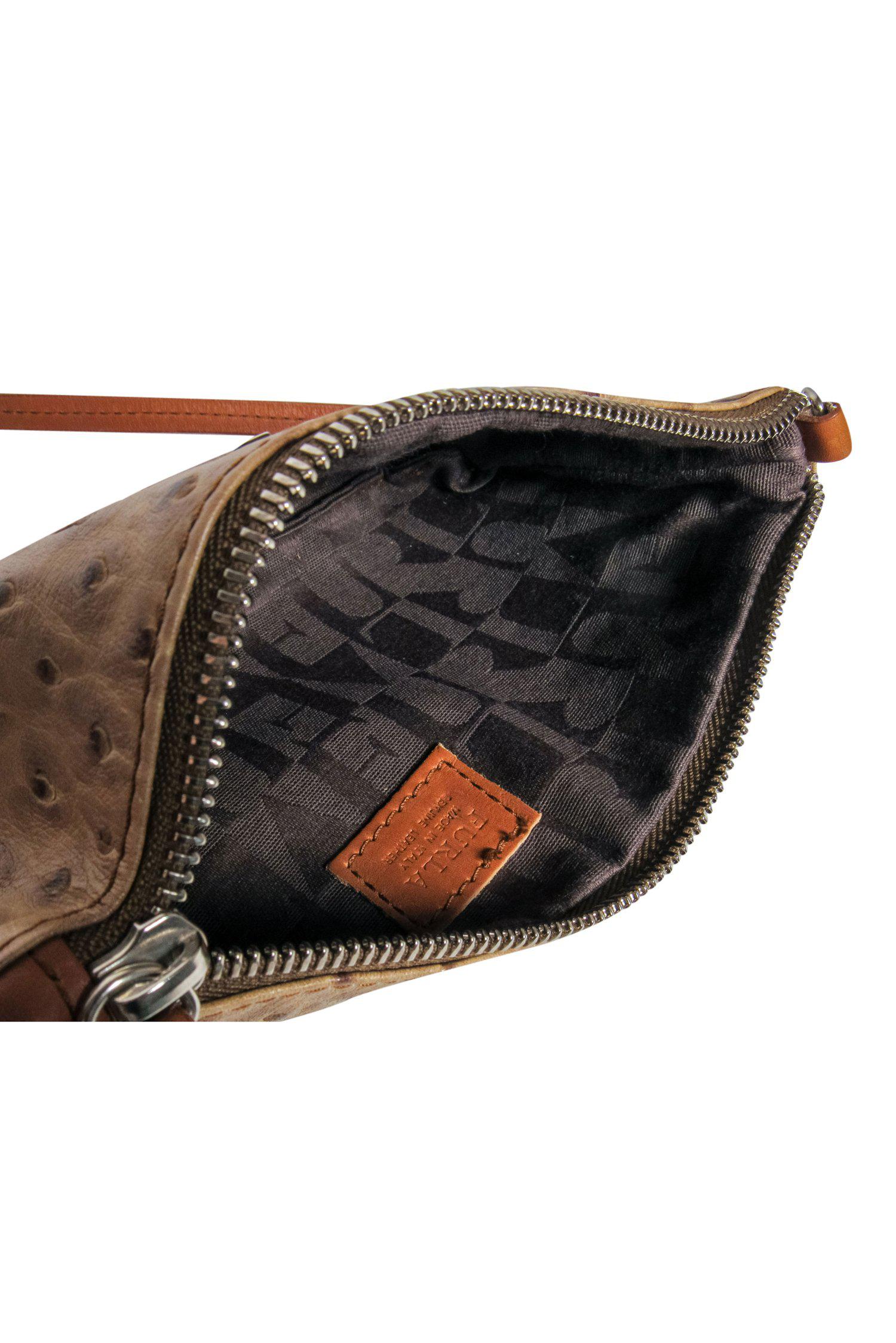 Furla - Chic Taupe Ostrich Leather Mini Convertible Wristlet for Stylish Outings