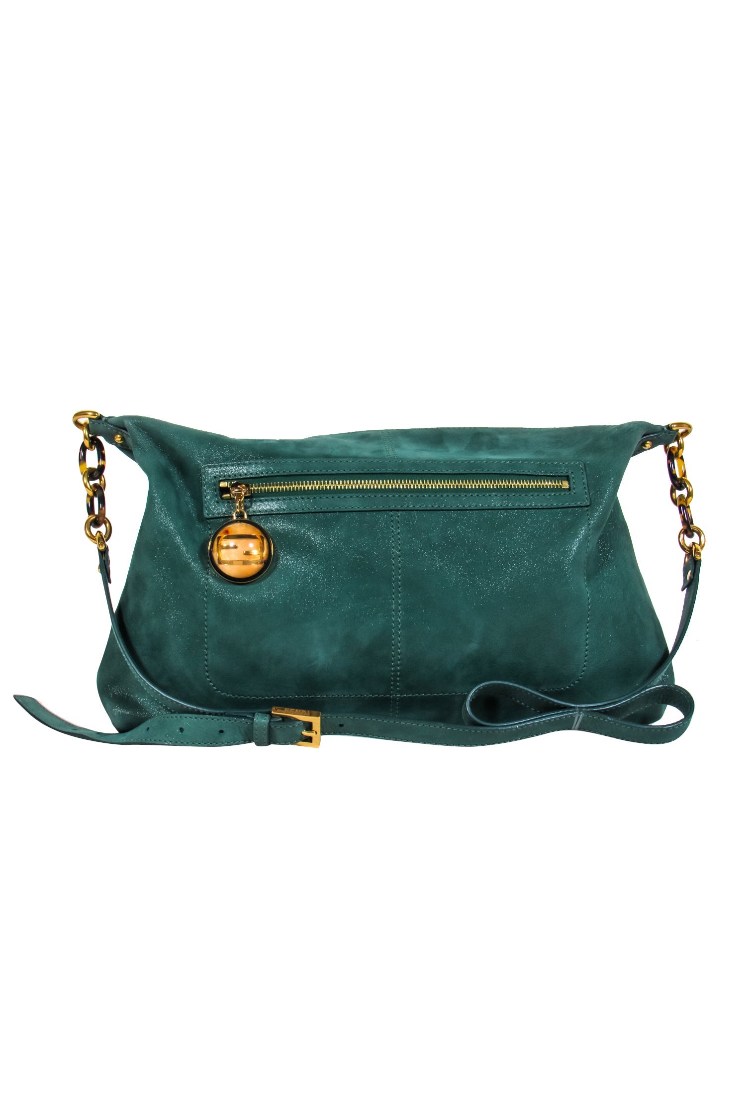 Fendi Metallic Green Suede Crossbody Bag with Tortoise Chain Link