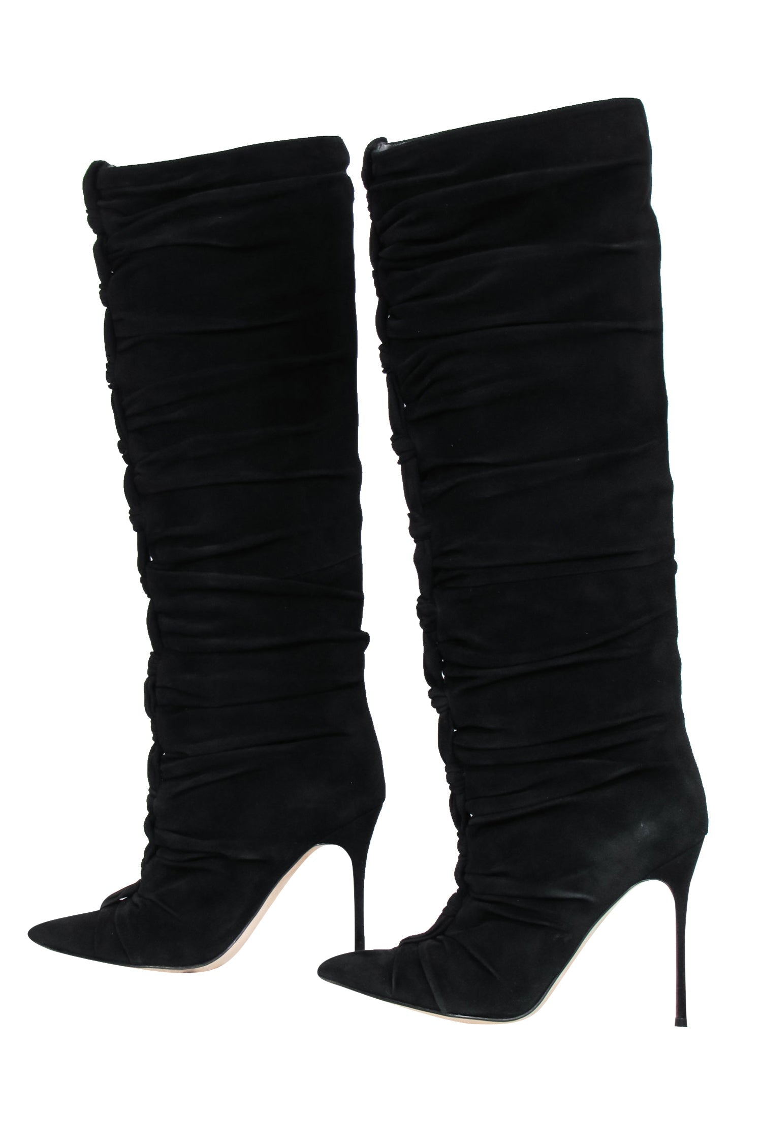 Sergio Rossi Black Suede Ruched Knee - High Stiletto Boots, Size 7