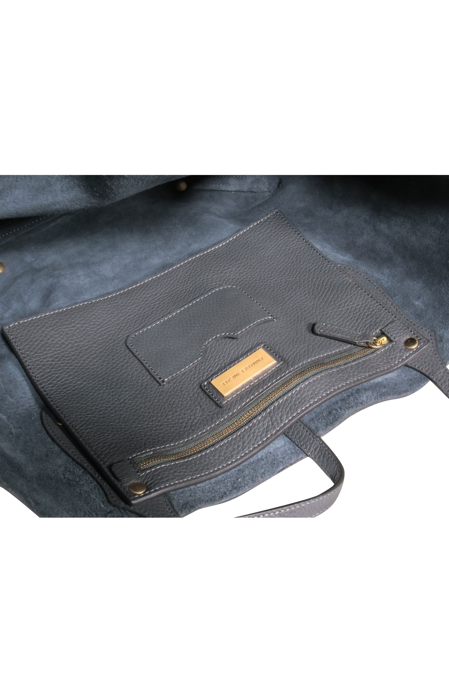 Annabel Ingall's Elegant Grey Pebble Leather Tote Bag with Gorgeous Gold-Toned Hardware