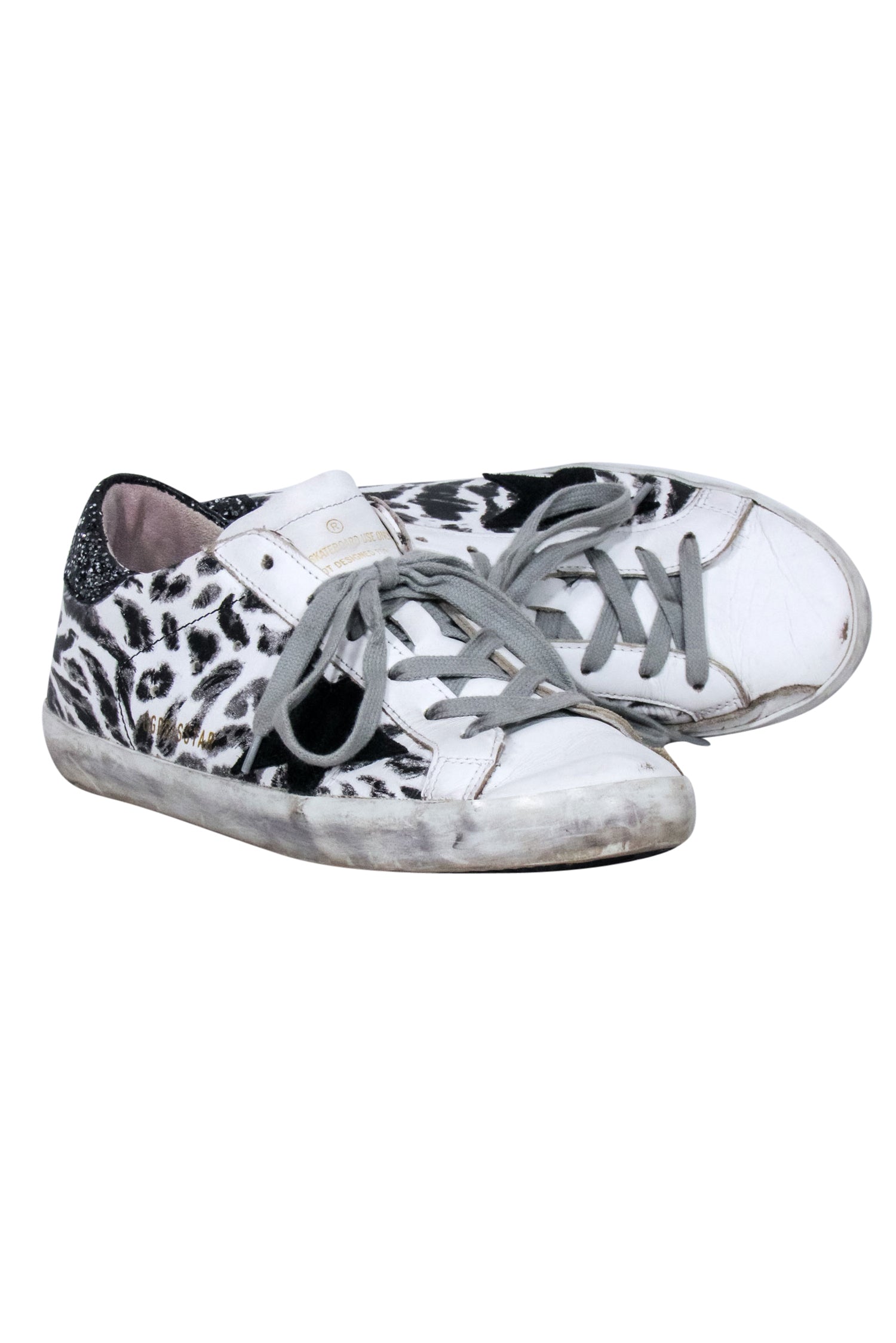 Golden Goose White Leather Sneakers with Leopard Print and Glitter Back - Size 8