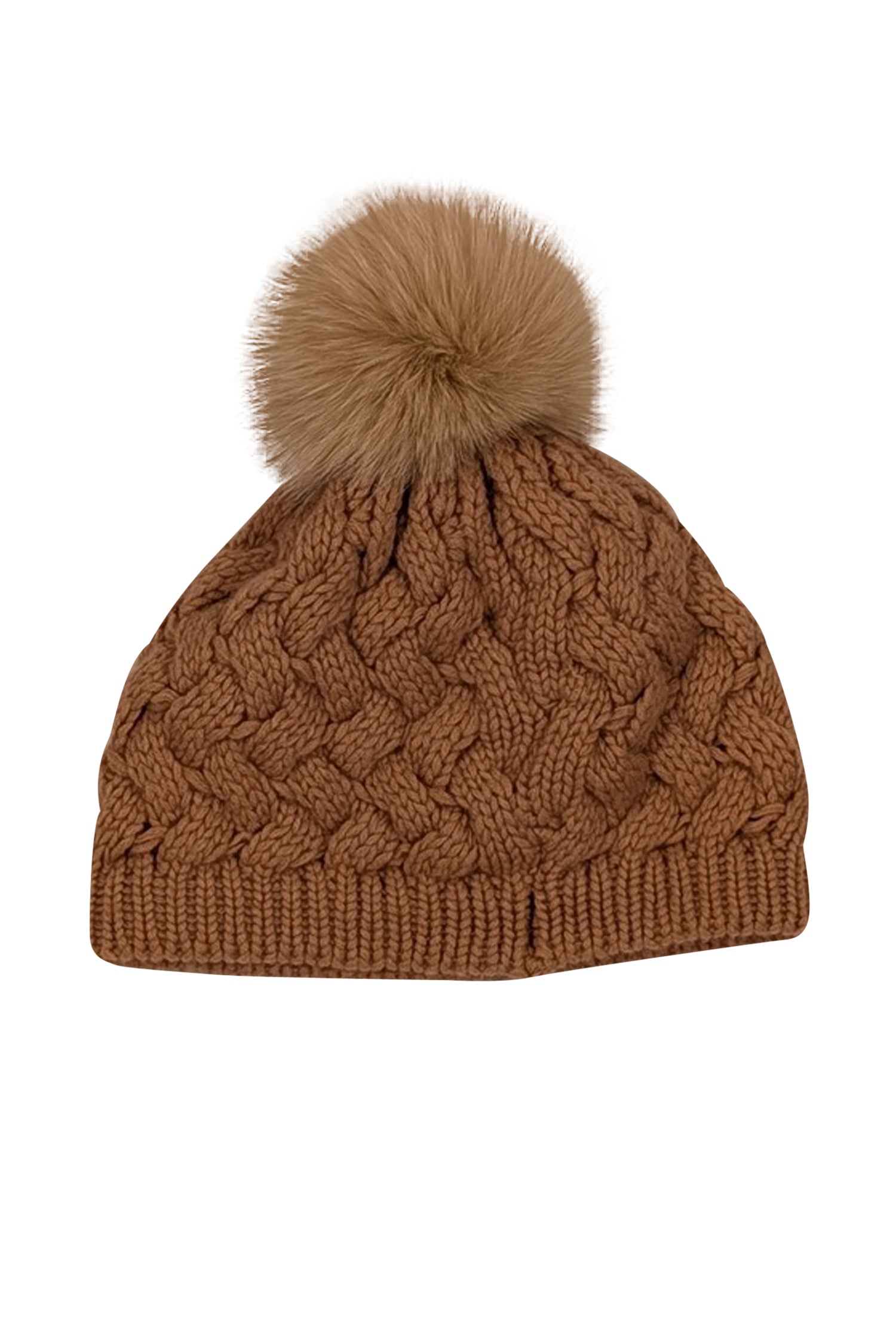 Raffaello Bettini's Luxurious Light Brown Cashmere Cable Knit Beanie with Fox Fur Pompom