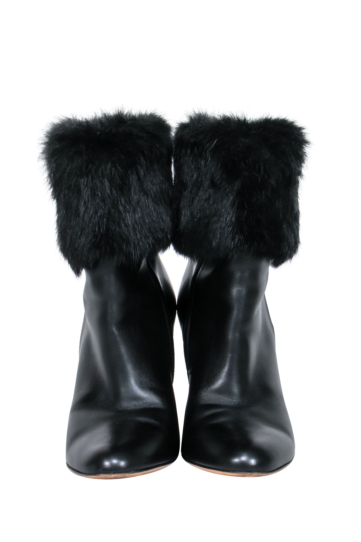 Ferragamo Black Leather Ankle Booties with Luxurious Fox Fur - Size 7