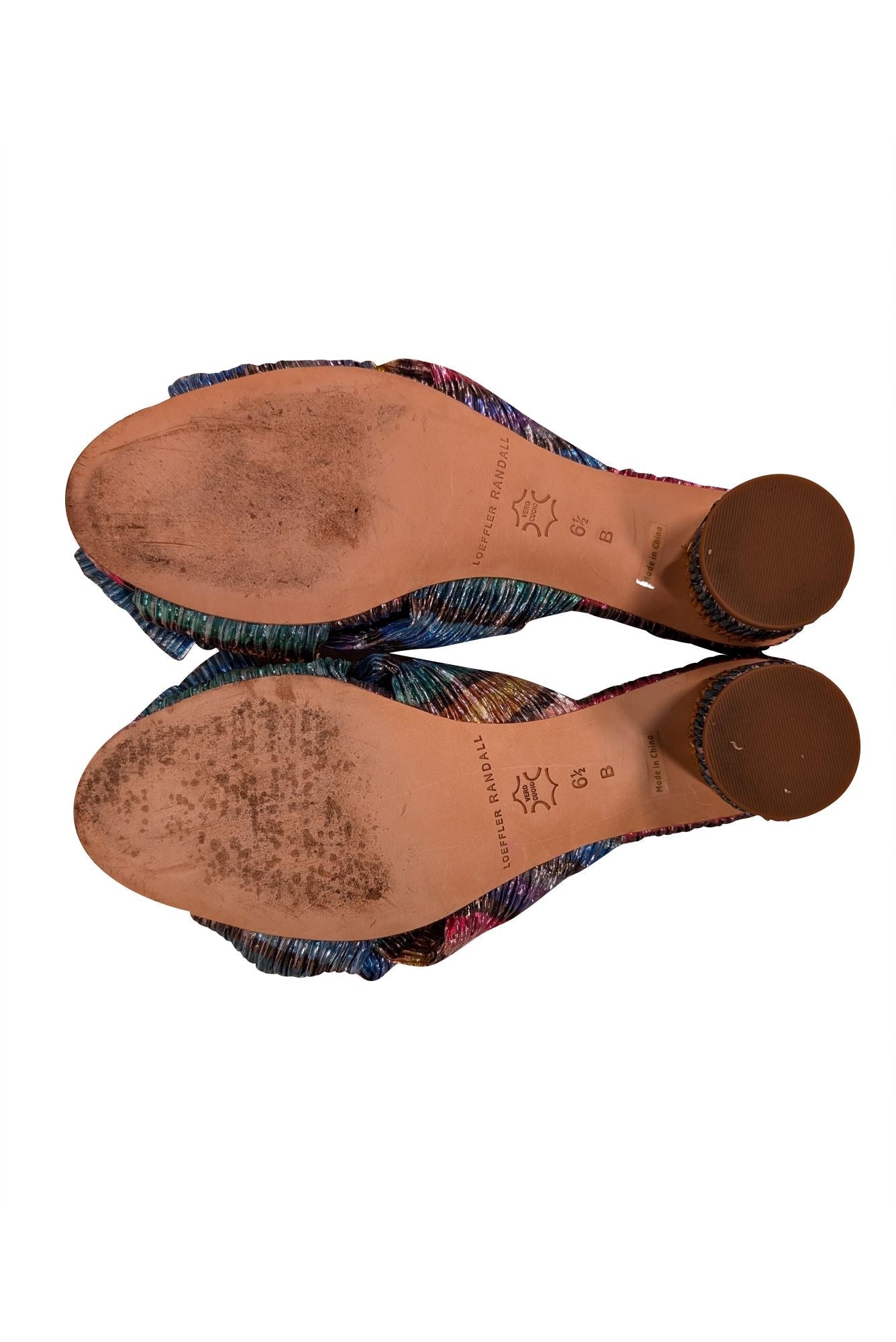 Loeffler Randall's Stunning Rainbow Metallic Pleated Knot Mules - Size 6.5