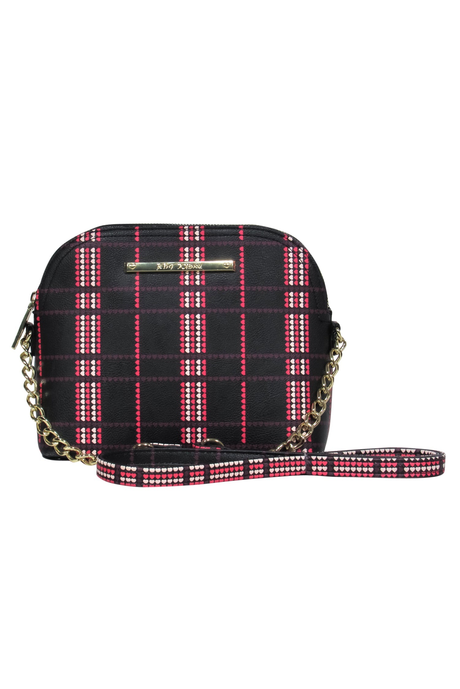 Betsey Johnson's Heart - Throbbing Black, Pink & White Heart Grid Print Gold Chain Crossbody