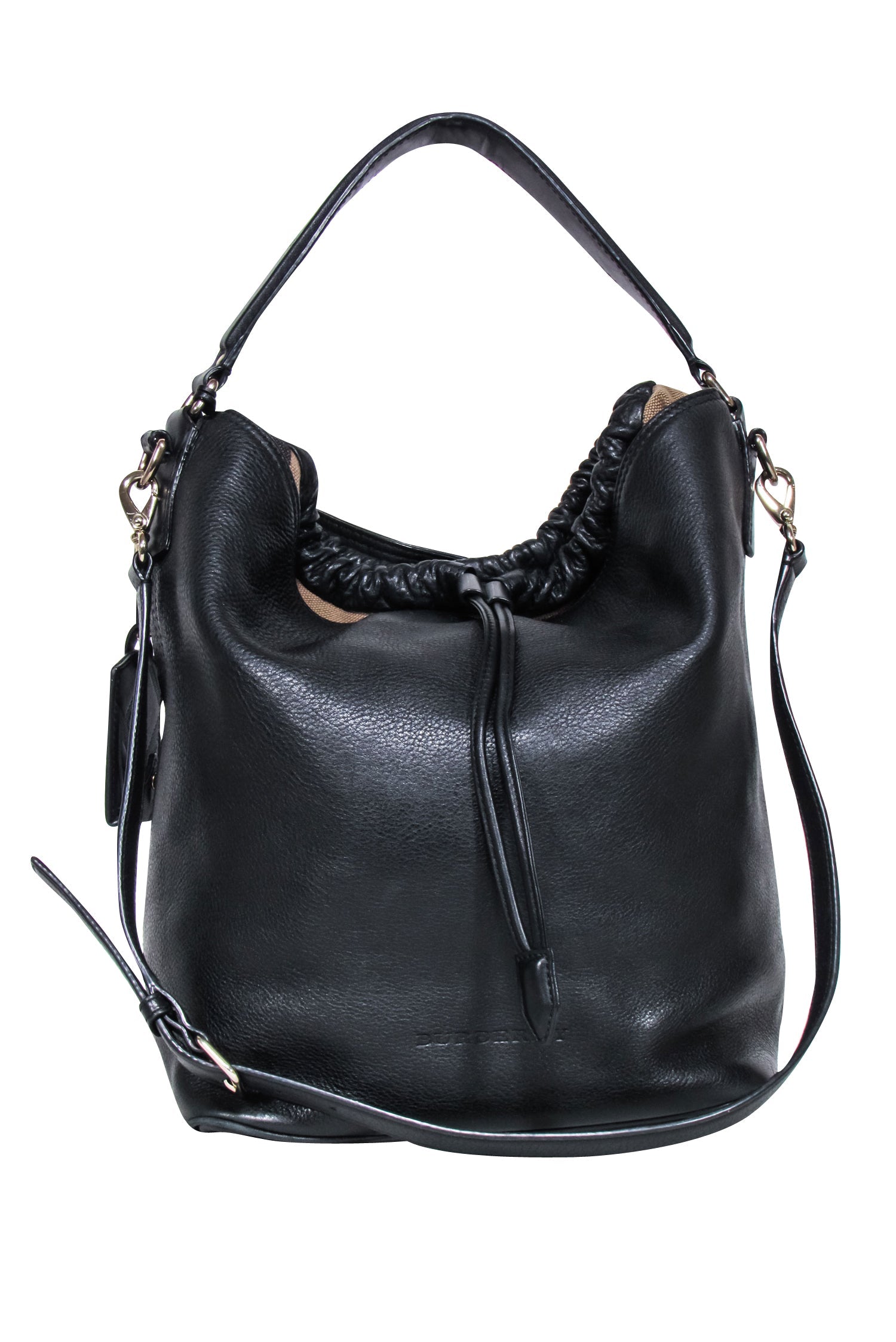 Burberry's Stunning Black Leather Large Bucket Bag with Signature Plaid Trim