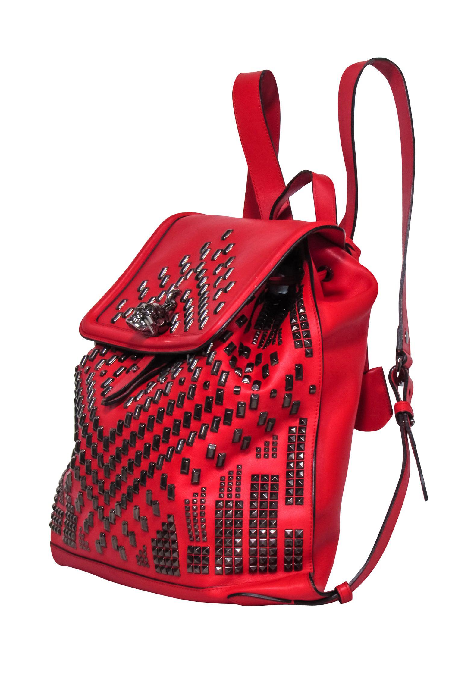 Alexander McQueen Red Leather Studded Front Backpack - Make a Bold Fashion Statement!