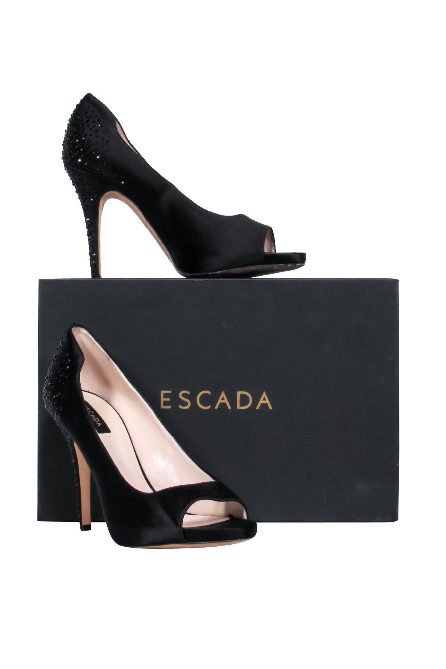 Escada Black Satin Rhinestone-Embellished Open Toe Pumps - Size 9