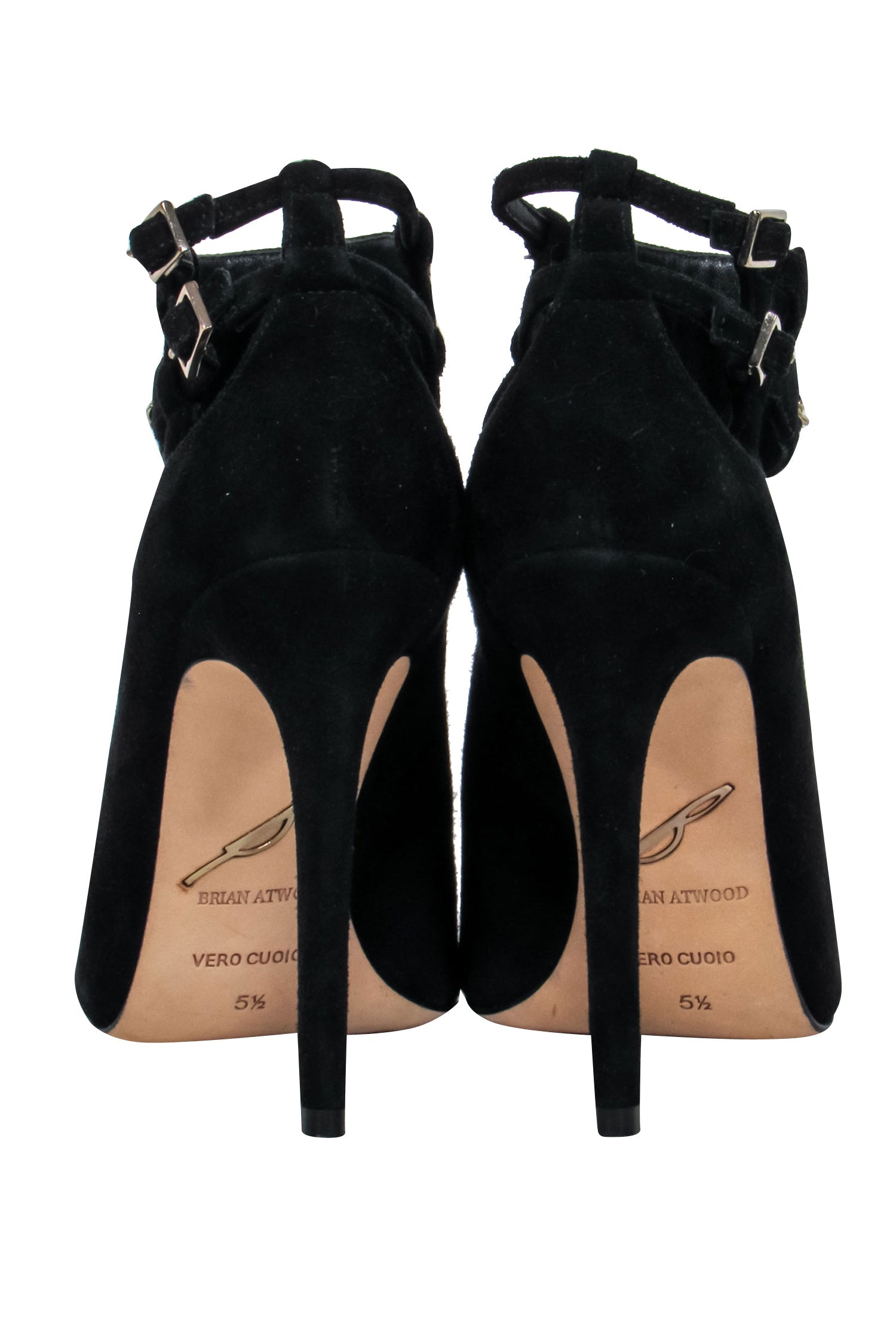 Brian Atwood Black Suede Strappy Peep - Toe Heels with Gold Chain: Unleash Your Inner Rockstar, Size 5.5