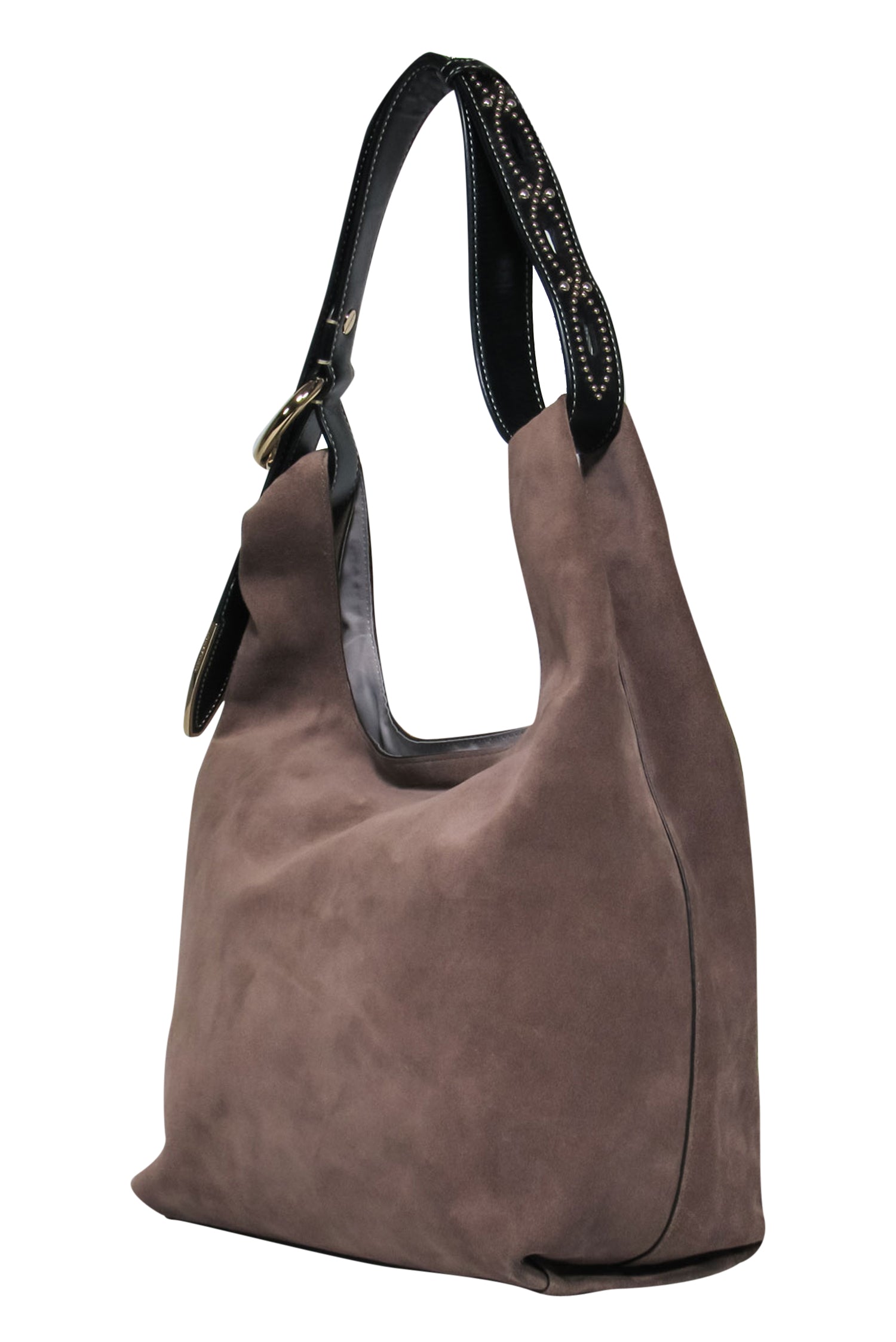 Rebecca Minkoff Taupe Suede Hobo Shoulder Bag: Studded Leather Handle Style
