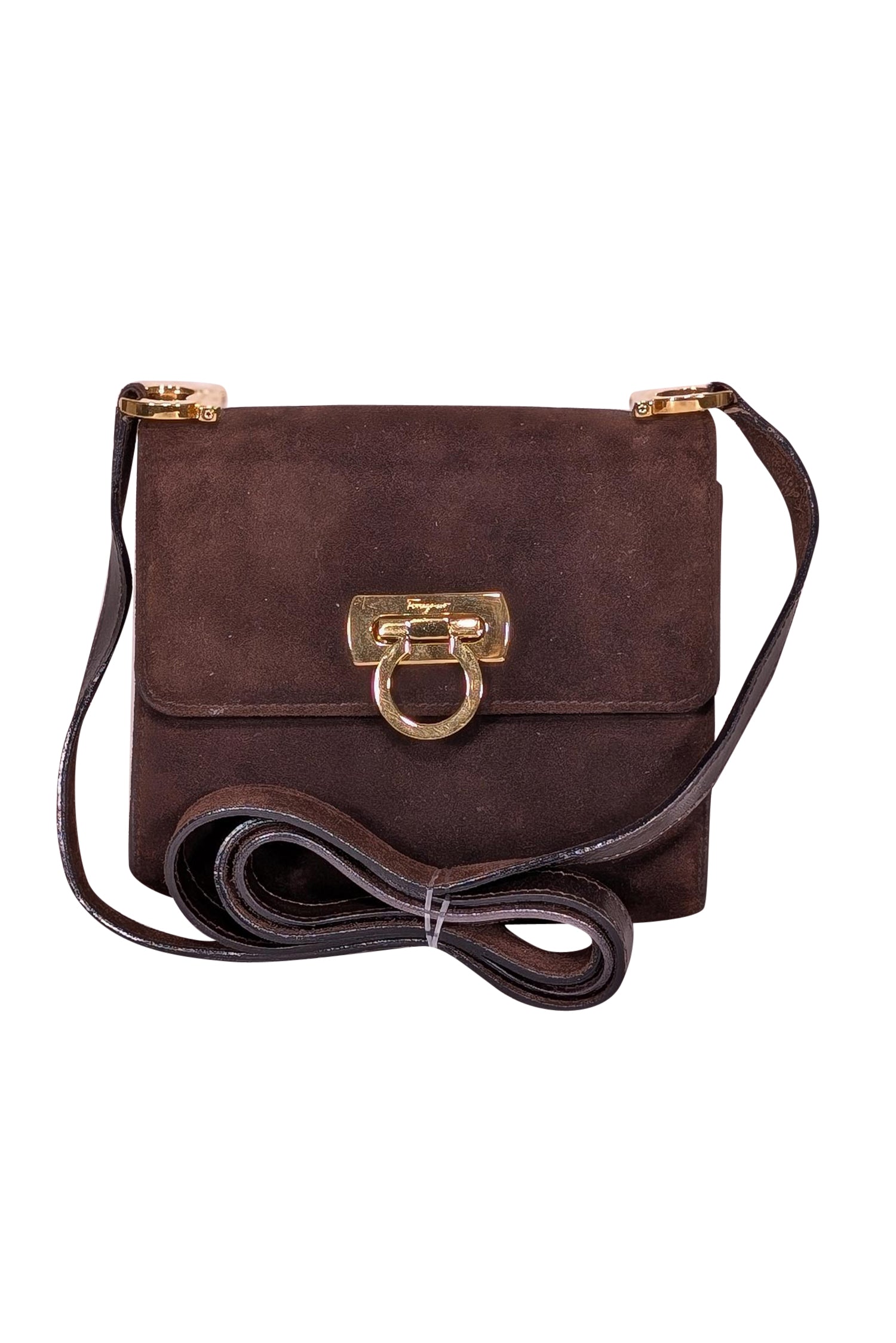Ferragamo's Irresistible Chocolate Brown Suede Mini Crossbody Bag