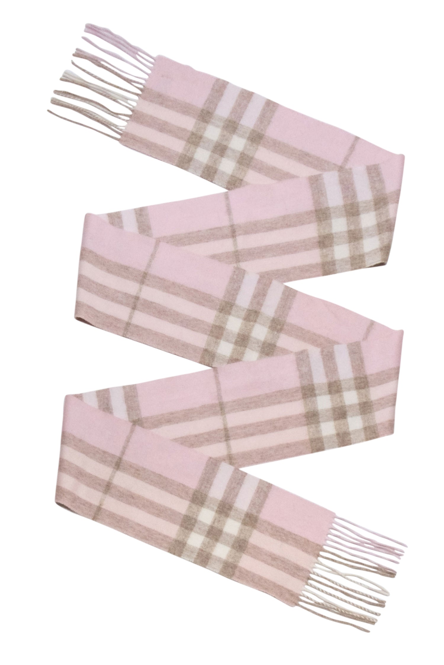 Burberry - Irresistible Pink & Beige Small Plaid Fringe Cashmere Scarf