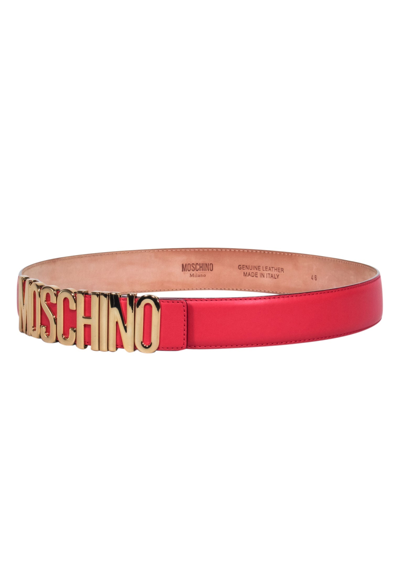 Moschino Red Leather Belt with Stunning Gold Lettering - Size 12