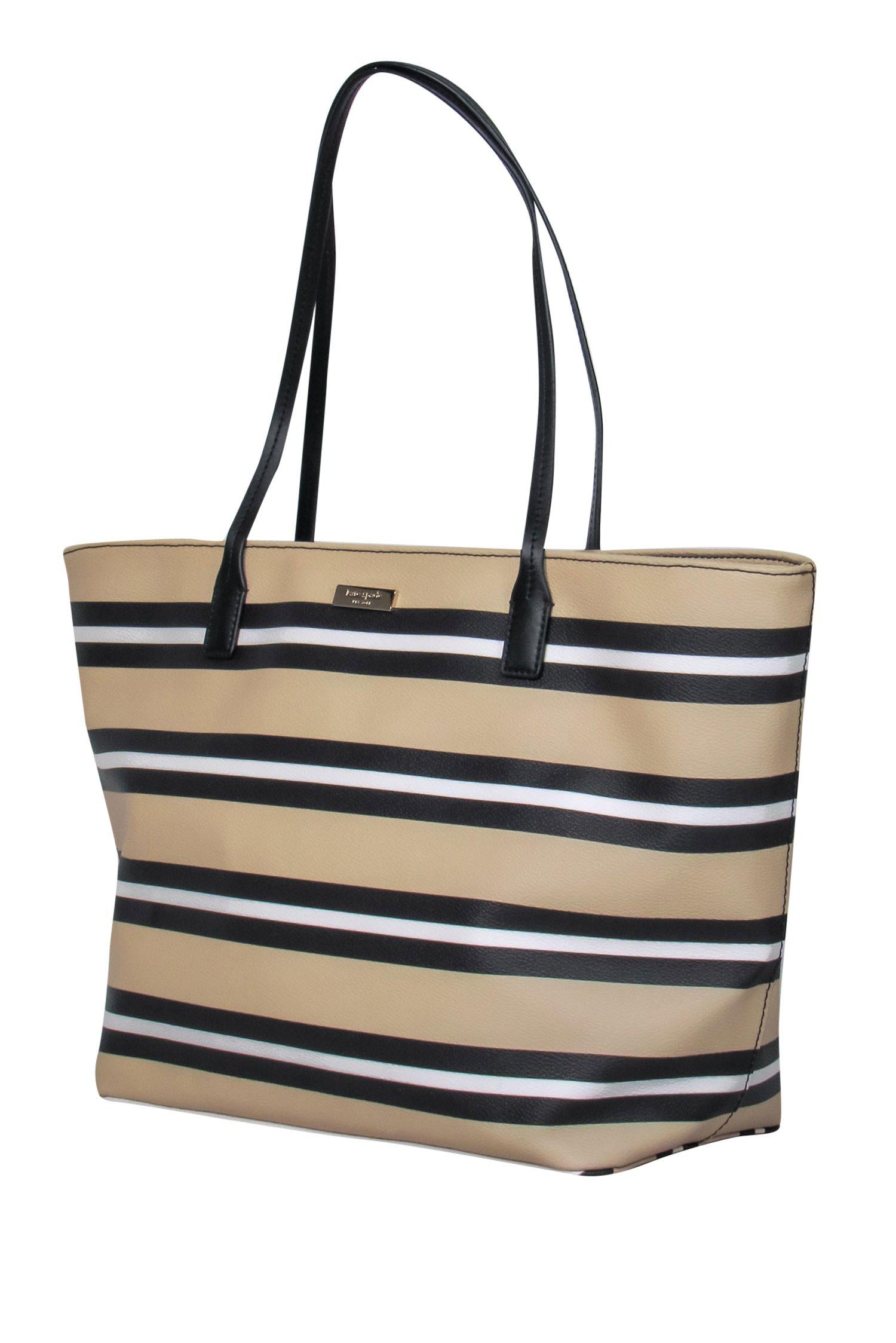 Kate Spade - Chic Beige & Black Striped Leather Tote for Effortless Style