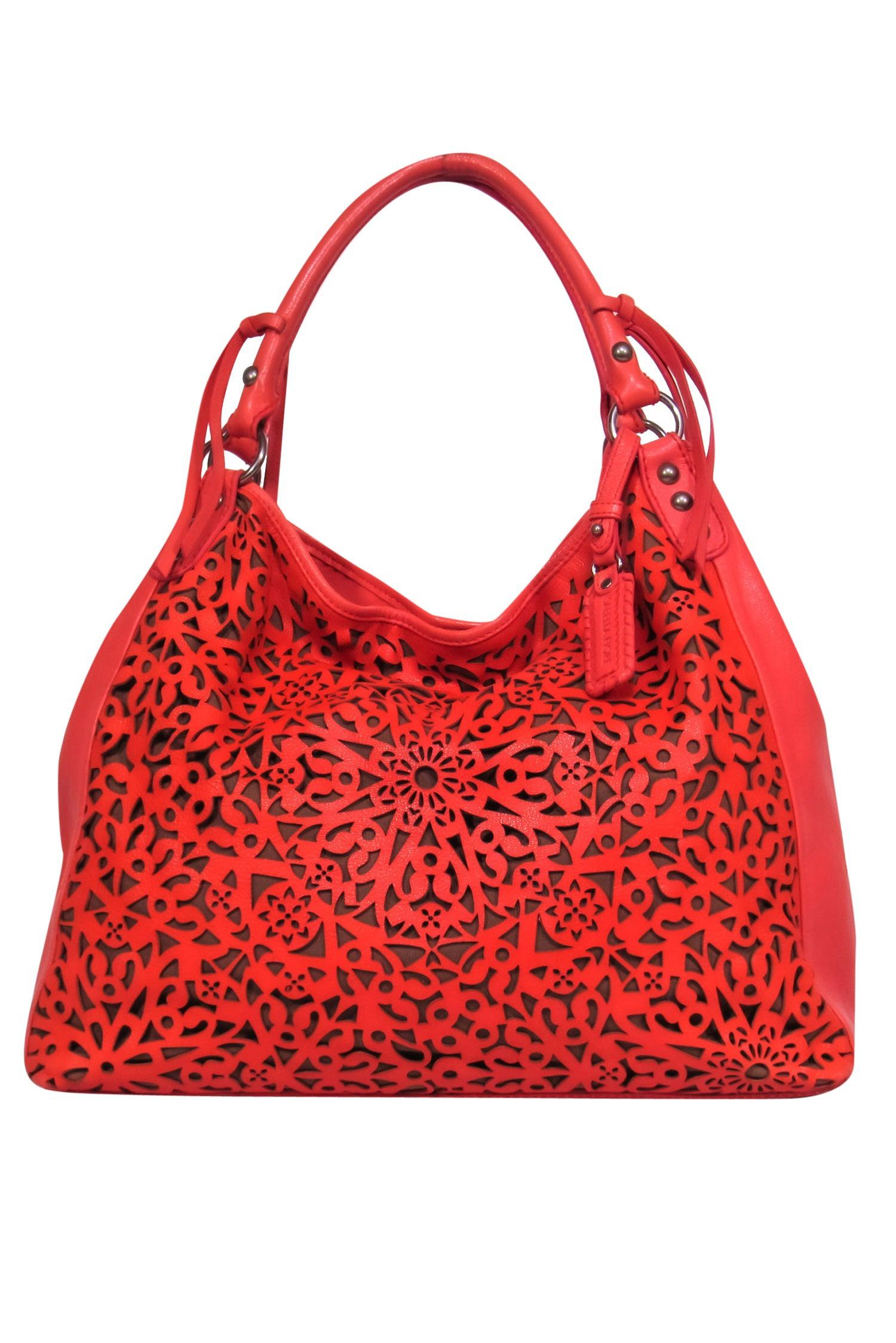 Isabella Fiore - Stunning Bright Coral Leather Lasercut Floral Tote Bag