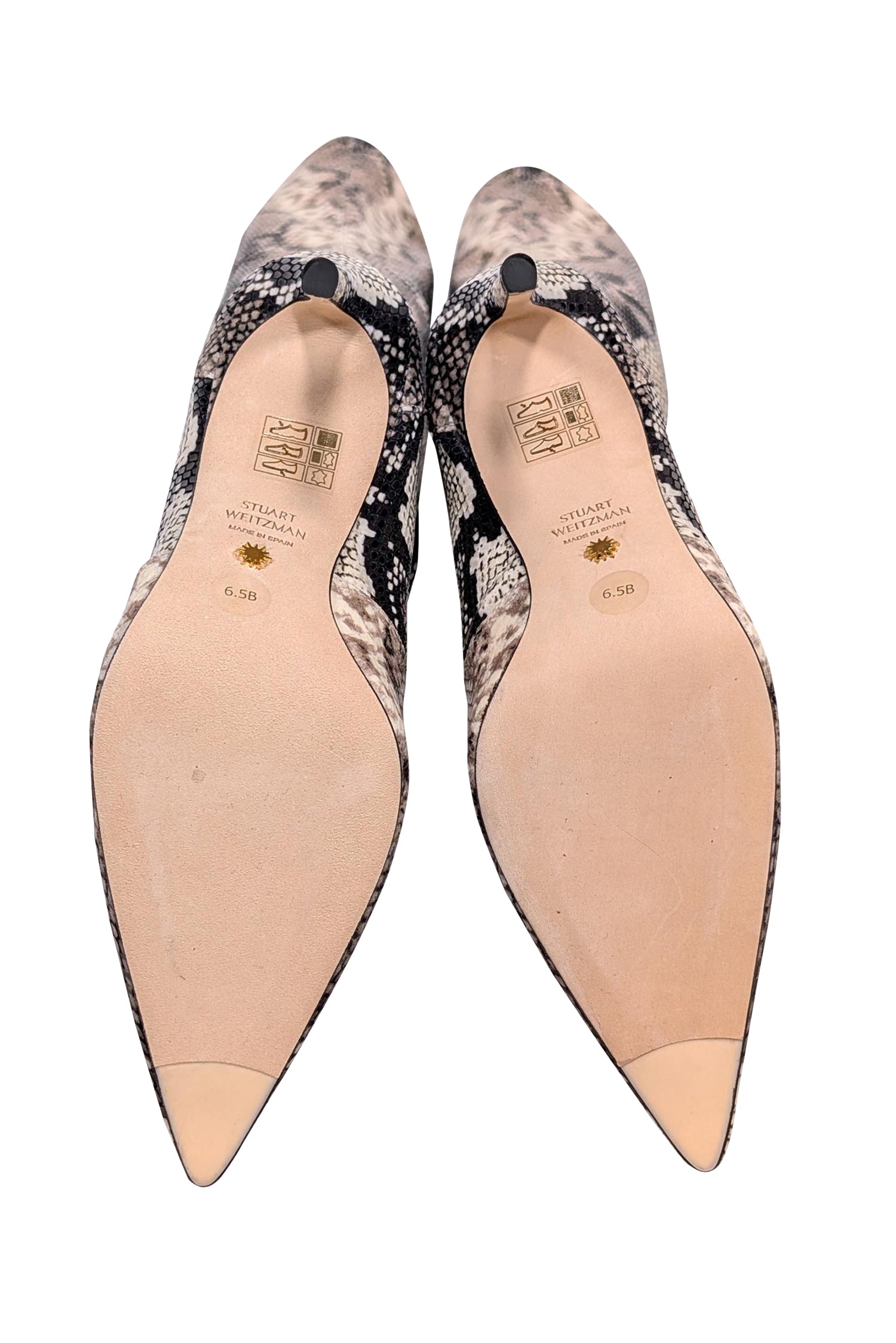 Stuart Weitzman - Stunning Beige & Black Snake Skin Print Heeled Tall Boots in Size 6.5