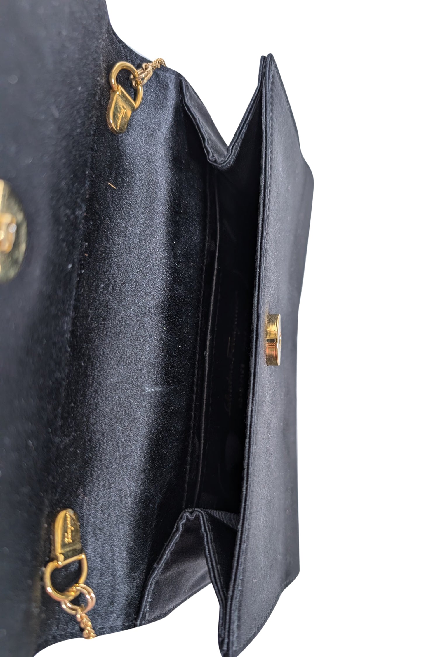 Ferragamo's Chic Black Satin Bow Front Clutch with Thin Gold Chain Strap