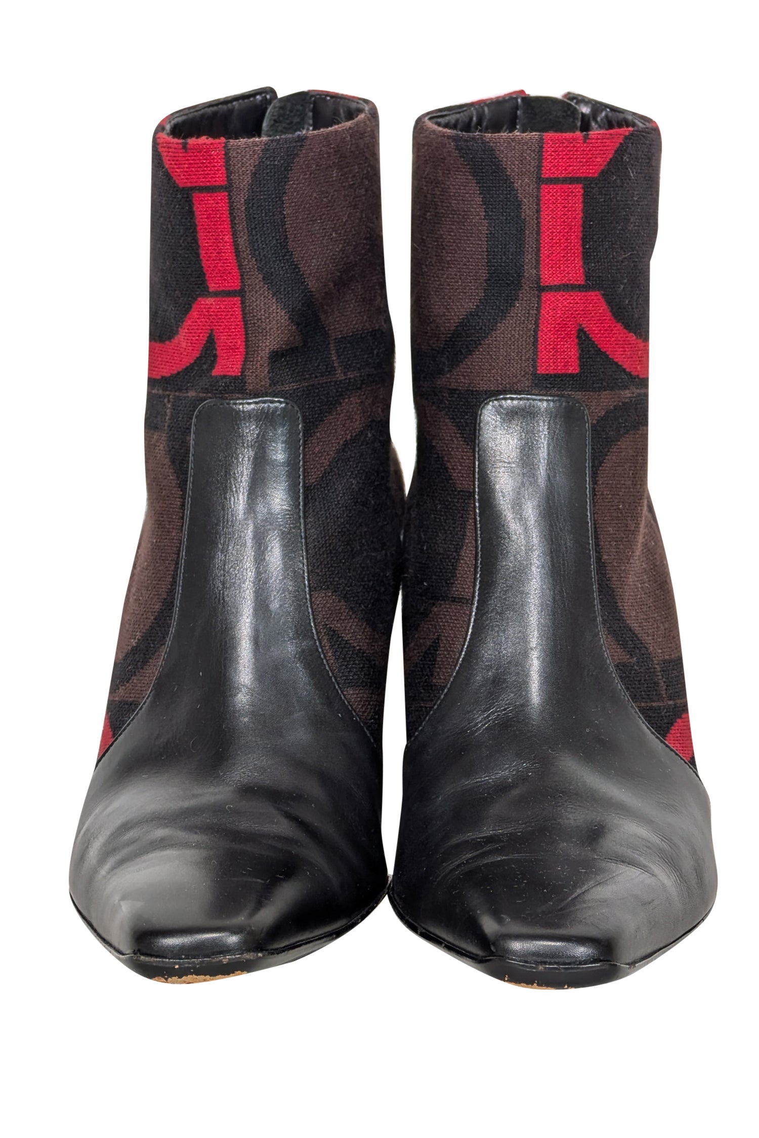 Ferragamo Stylish Black Leather Short Boots with Brown & Red Print - Size 9
