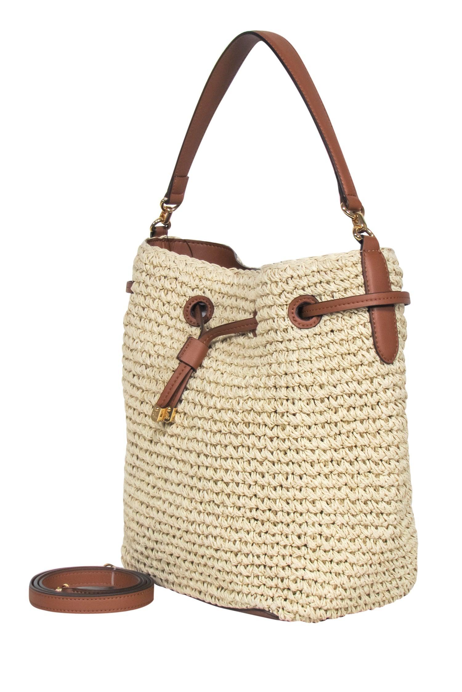 Lauren Ralph Lauren - Chic Beige Woven Convertible Shoulder Bag with Leather Trim