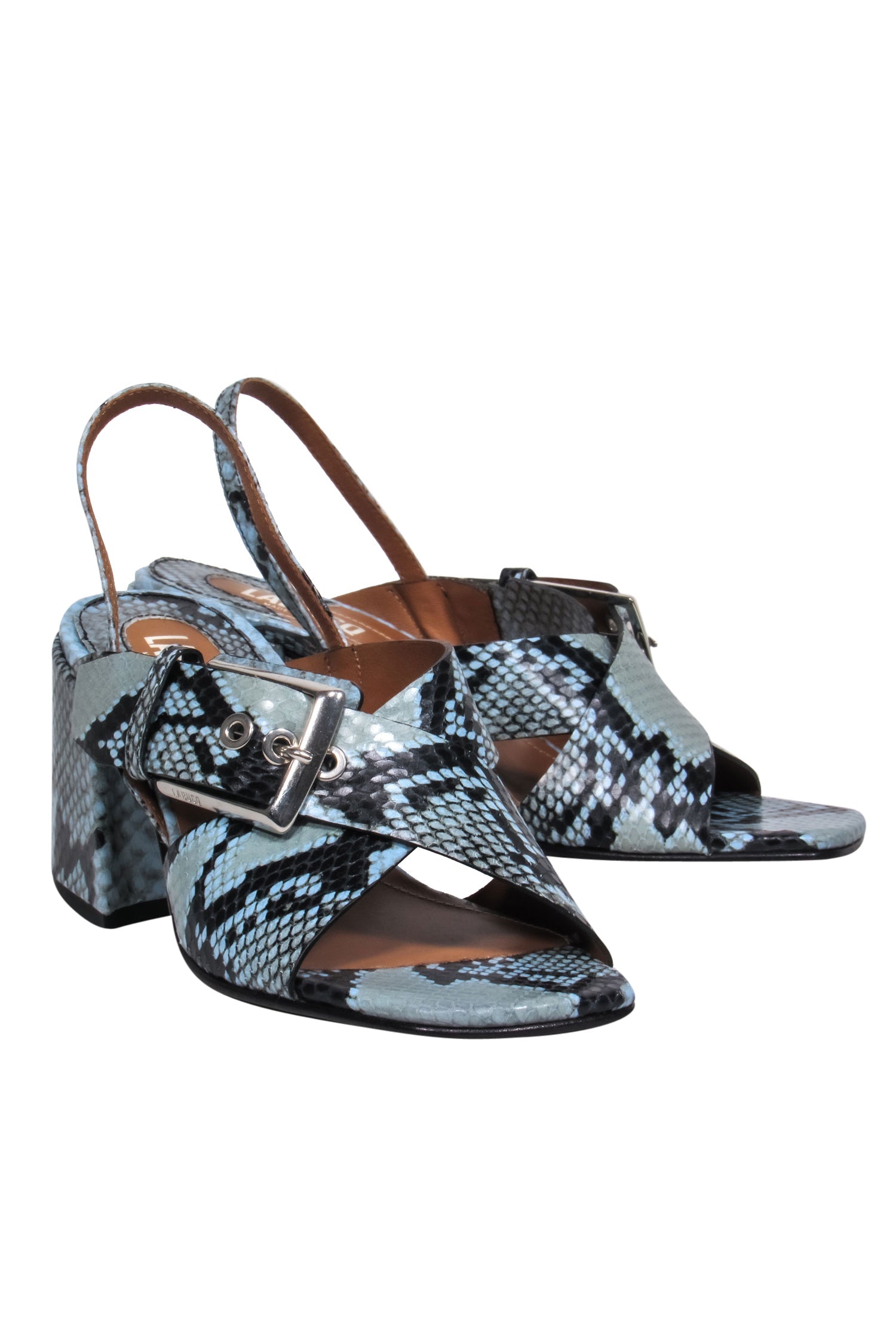 Labucq Blue & Black Snakeskin Strappy Block Heel Square Toe Sandals - Size 6.5