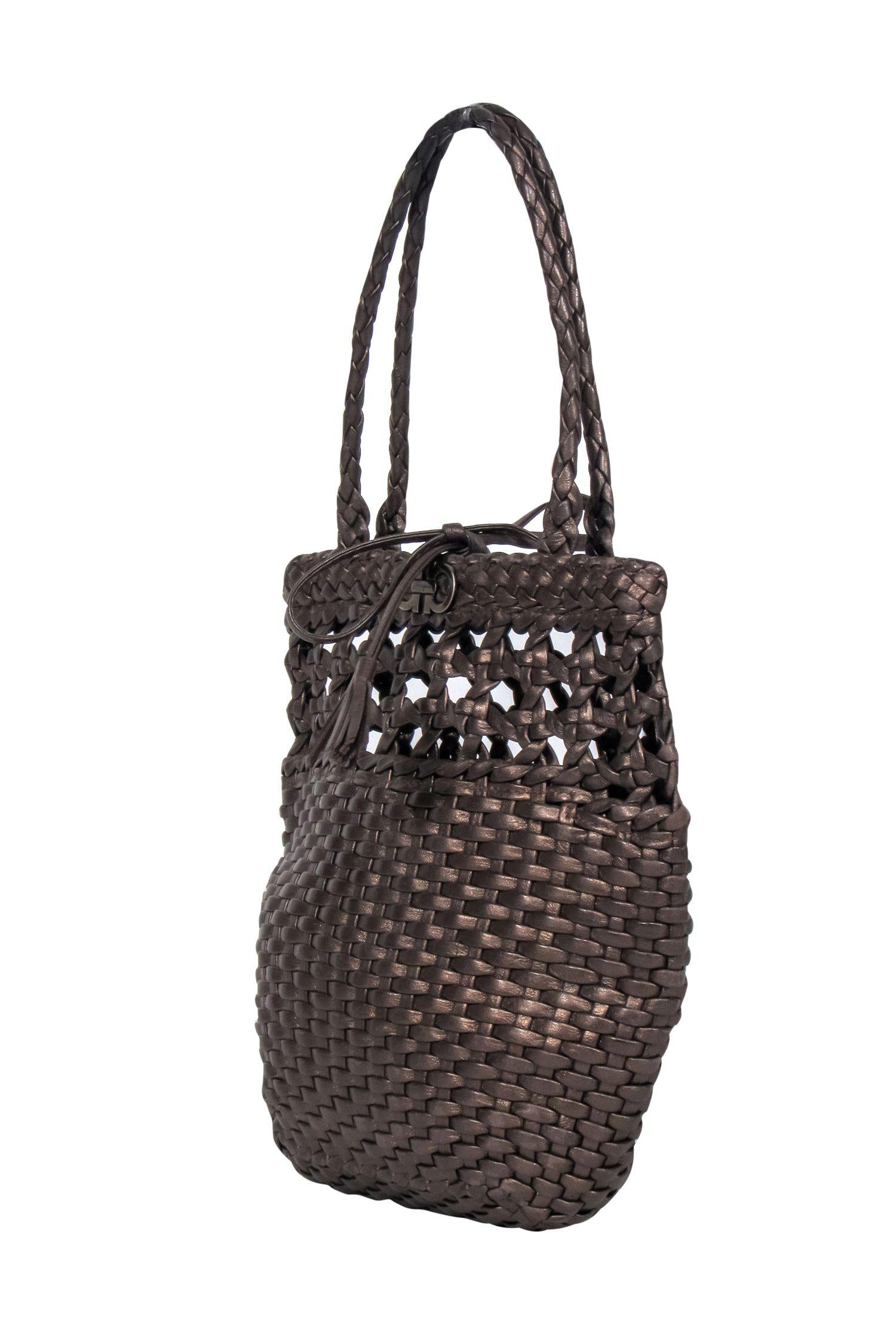 Ferragamo Brown Shiny Mini Basket Weave Handbag - Your Tropical Dream Accessory