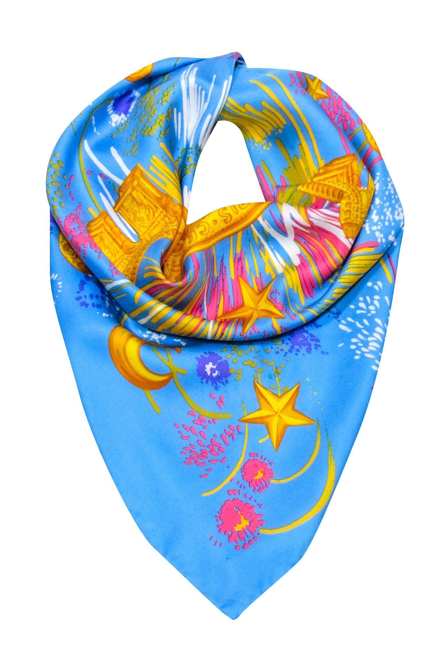 Celine - Stunning Blue & Multi Color Print Silk Scarf