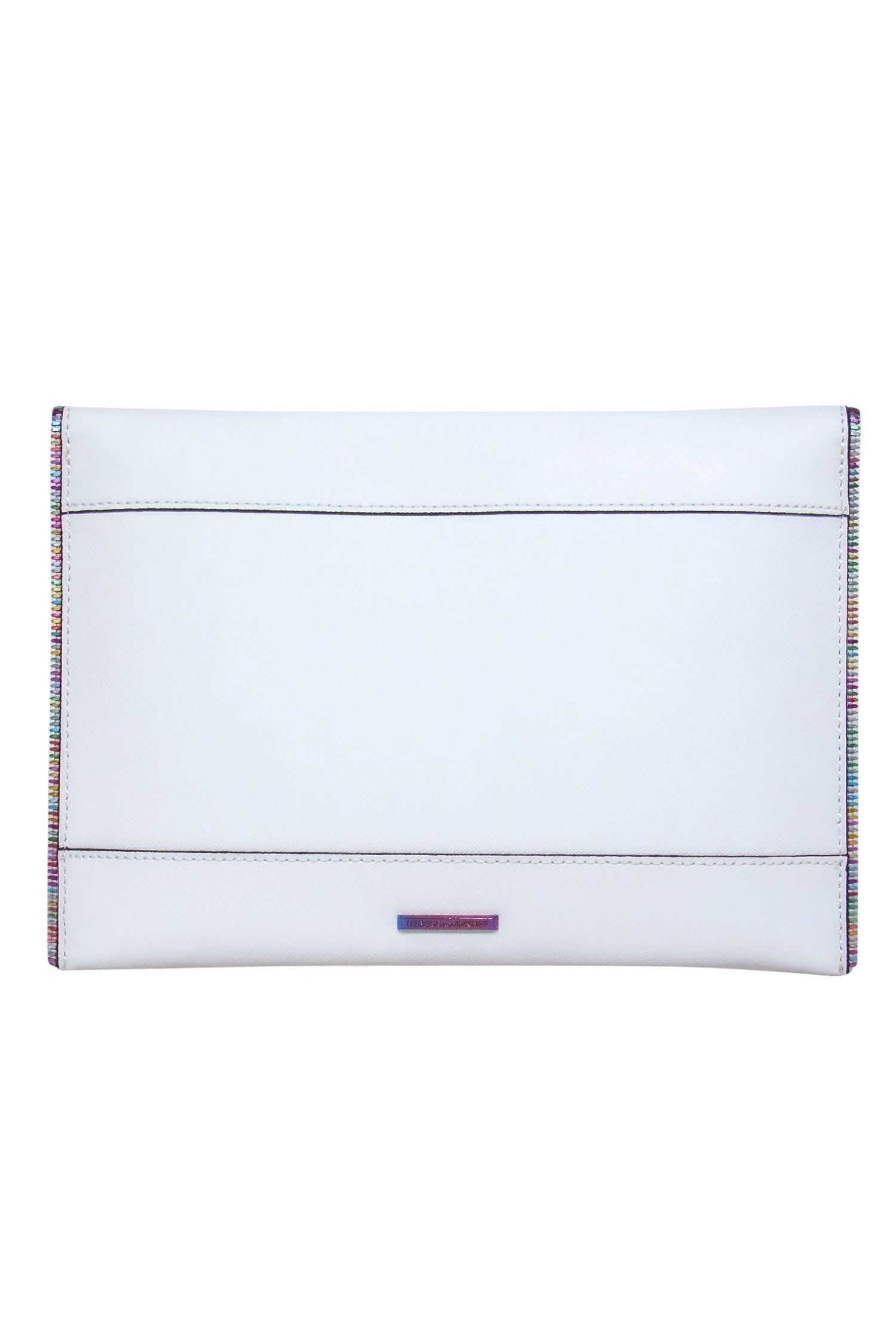 Rebecca Minkoff's Stunning White Textured Leather Leo Envelope Clutch with Rainbow Zipper Trim