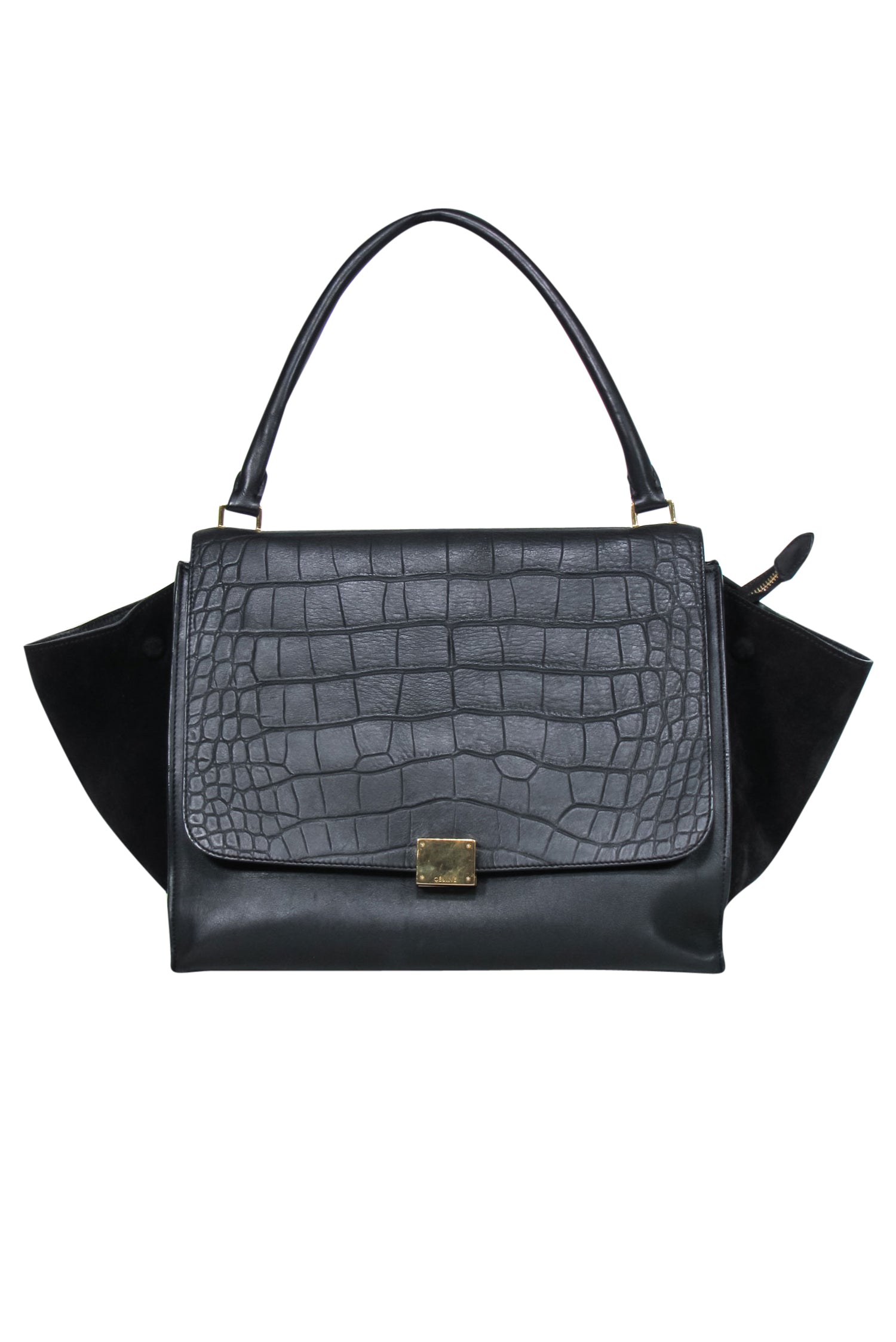 Celine Black Leather Reptile Embossed Fold-Over Handbag - A Safari Chic Statement Piece