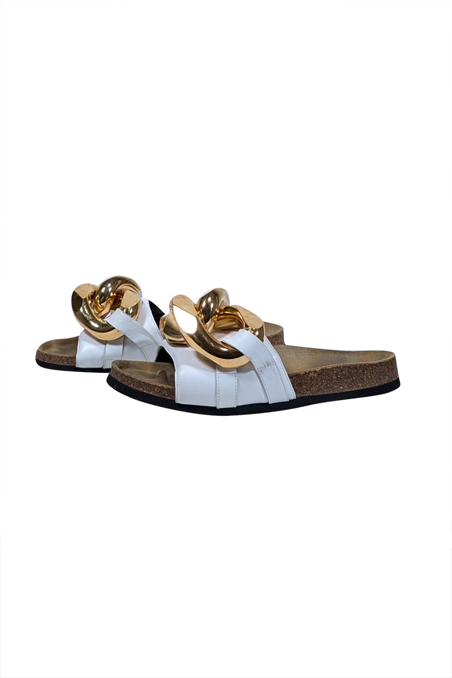 JW Anderson Ivory Leather Slide Sandals with Stunning Chunky Gold Chain - Size 7