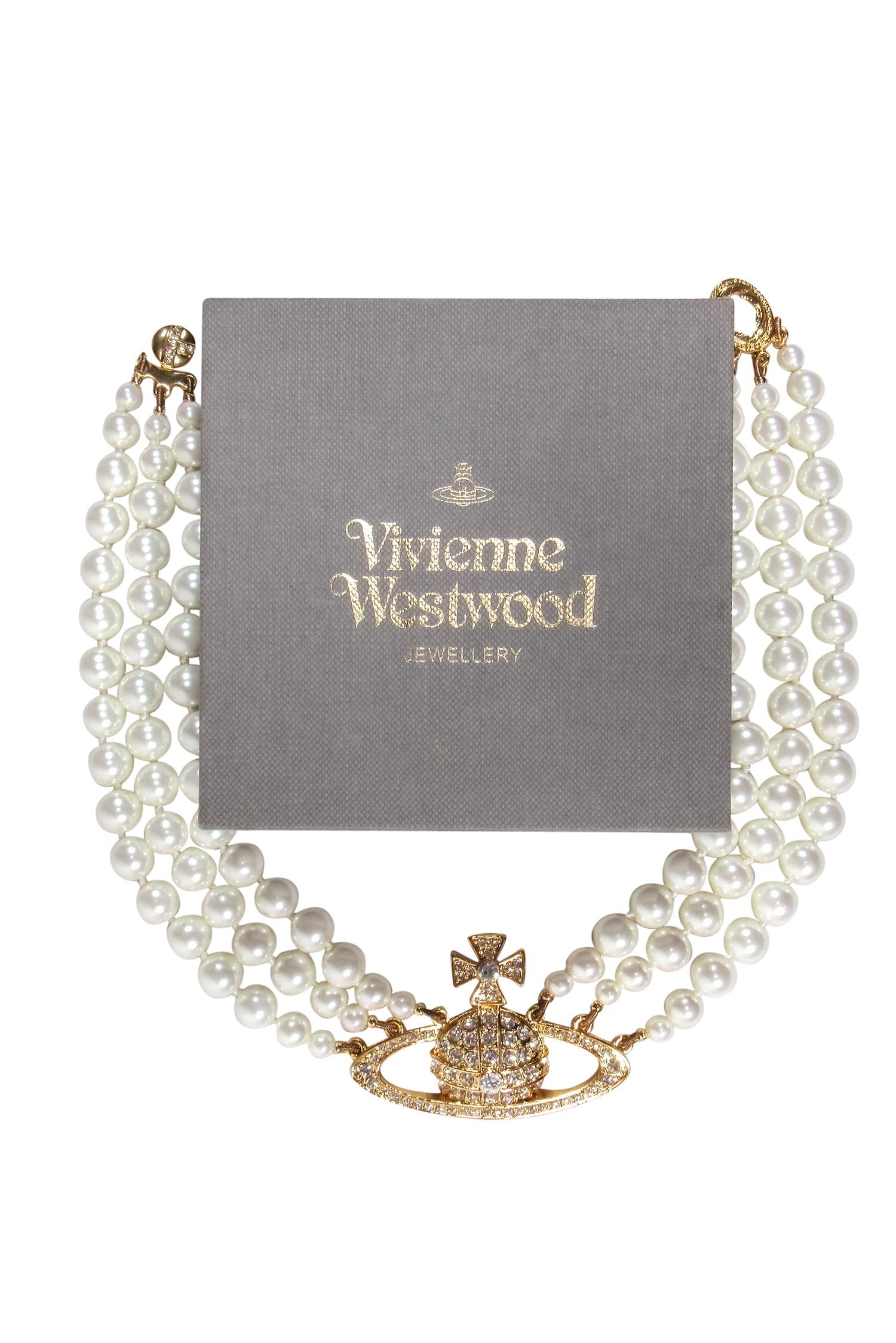 Vivienne Westwood - Glamorous Three-Strand Faux Pearl Choker with Jeweled Gold Logo
