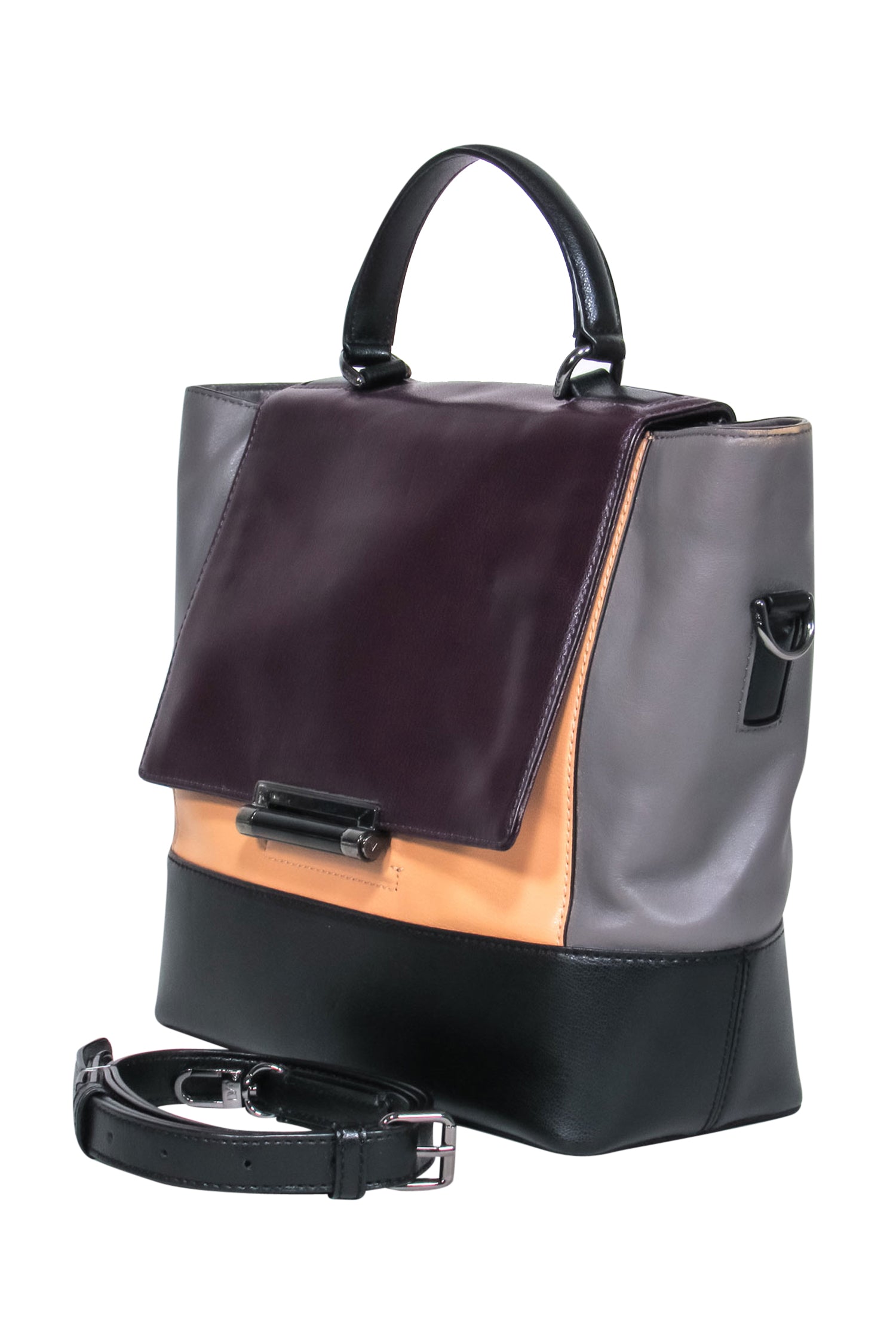 Diane von Furstenberg Colorblocked Leather Convertible Satchel in Grey, Black, Beige & Deep Purple