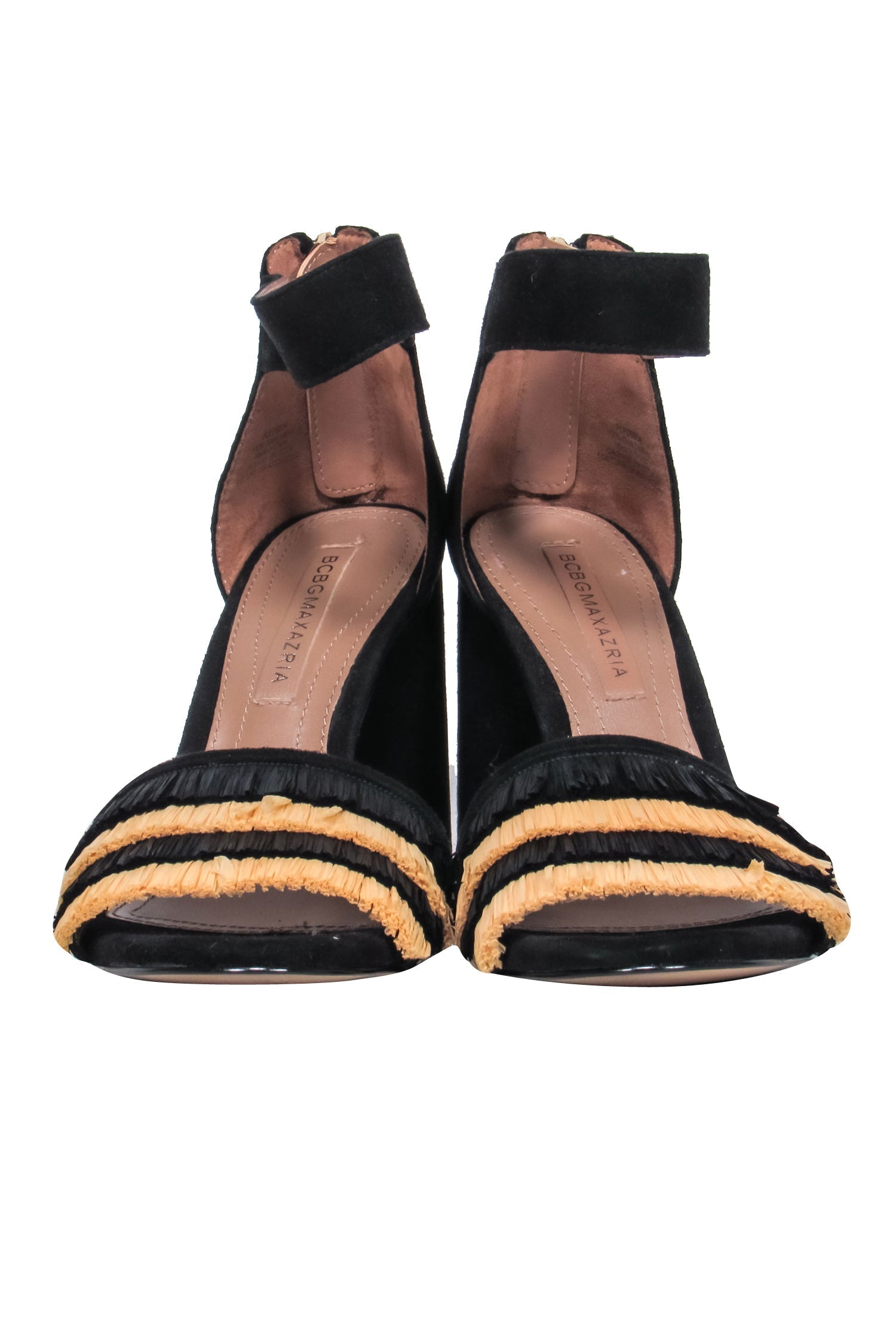 BCBG Max Azria Black Suede Open Toe Heels with Wicker Fringe - Size 7.5