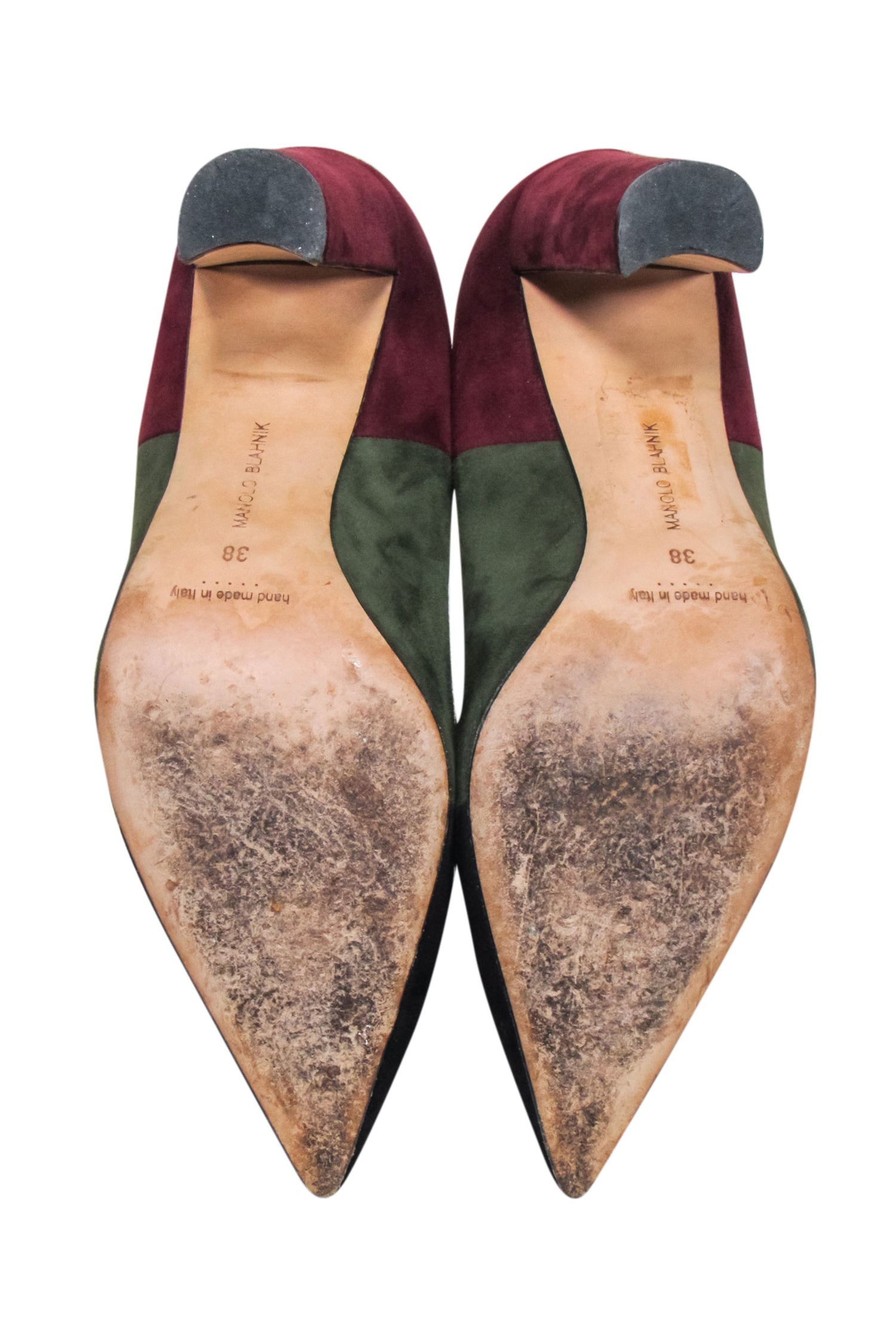 Manolo Blahnik - Stunning Maroon & Olive Green Color Block Pointed Toe Pumps in Size 8