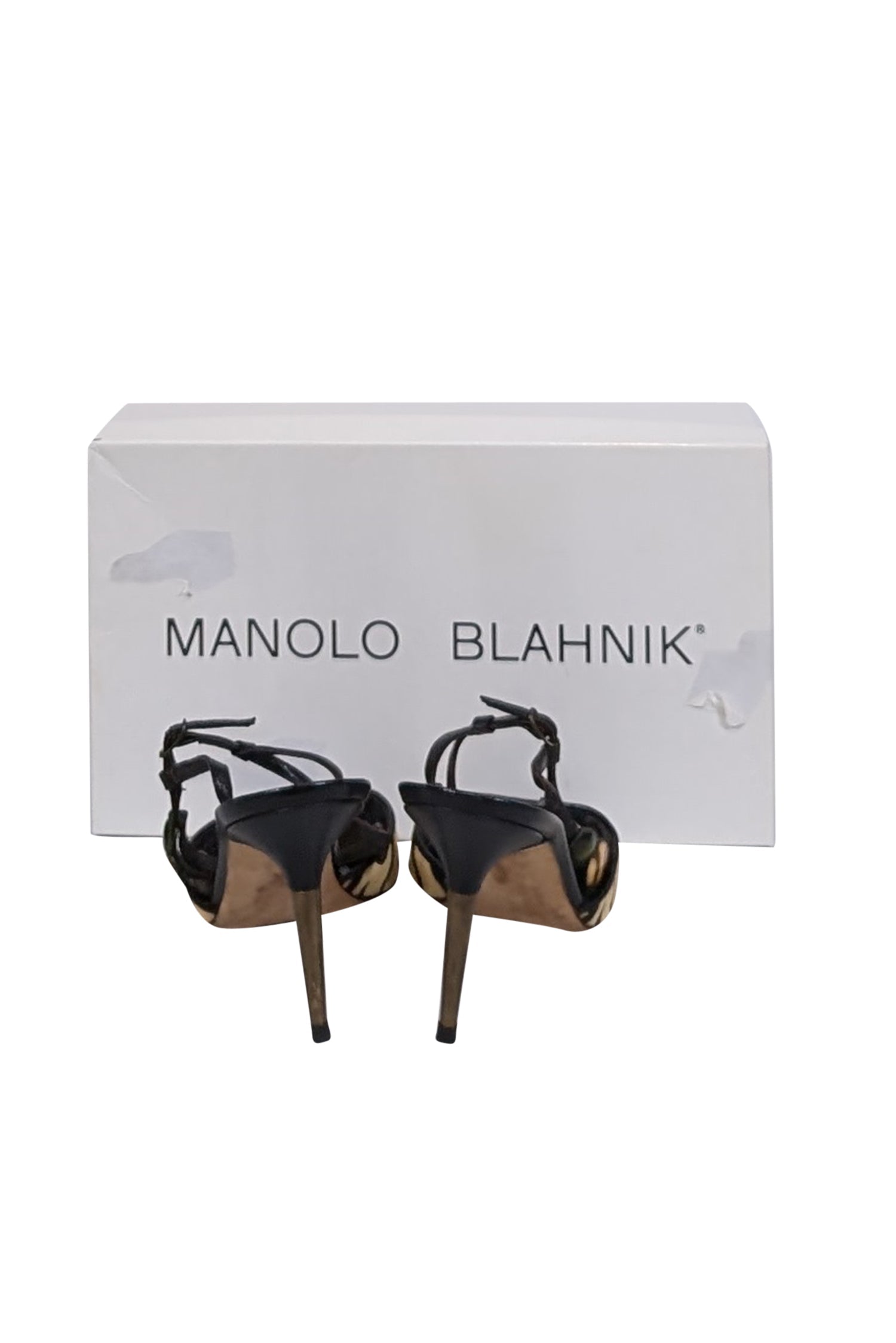 Manolo Blahnik - Stunning Brown & Beige Tiger Printed Stingray Leather Strappy Sandals in Size 7.5