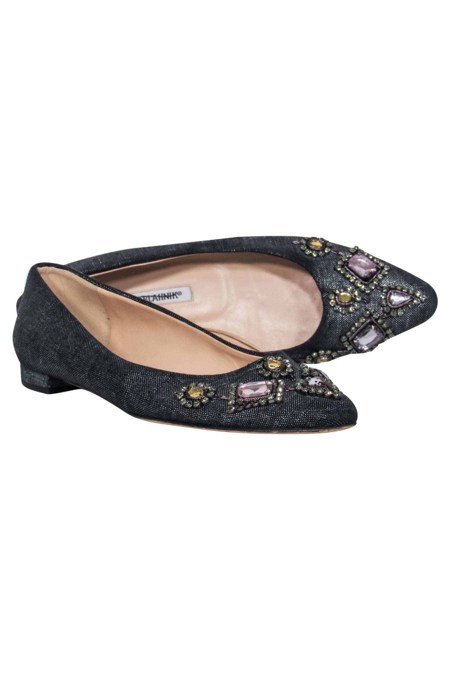 Manolo Blahnik Sparkling Crystal-Toe Canvas Flats - Size 7