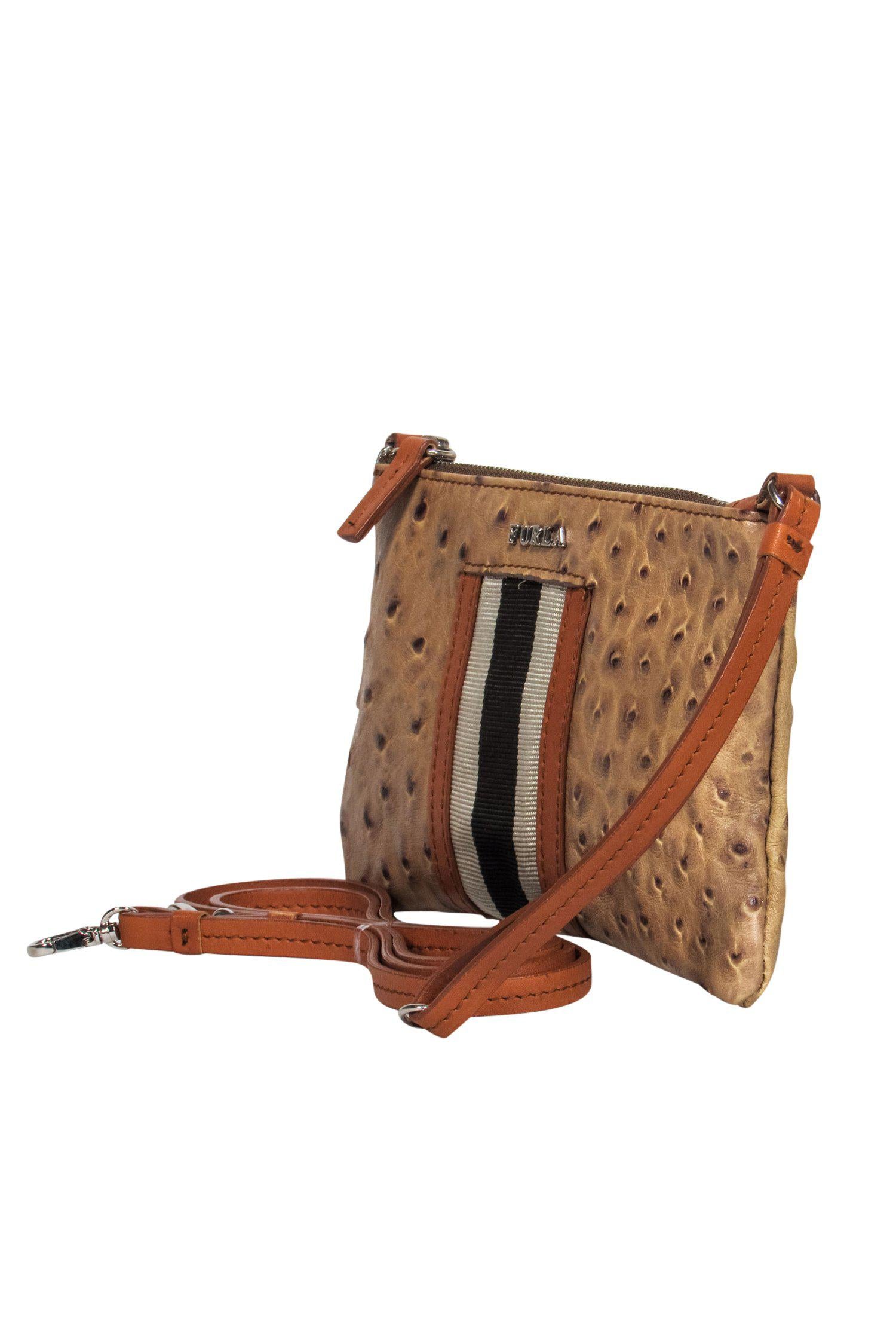 Furla - Chic Taupe Ostrich Leather Mini Convertible Wristlet for Stylish Outings